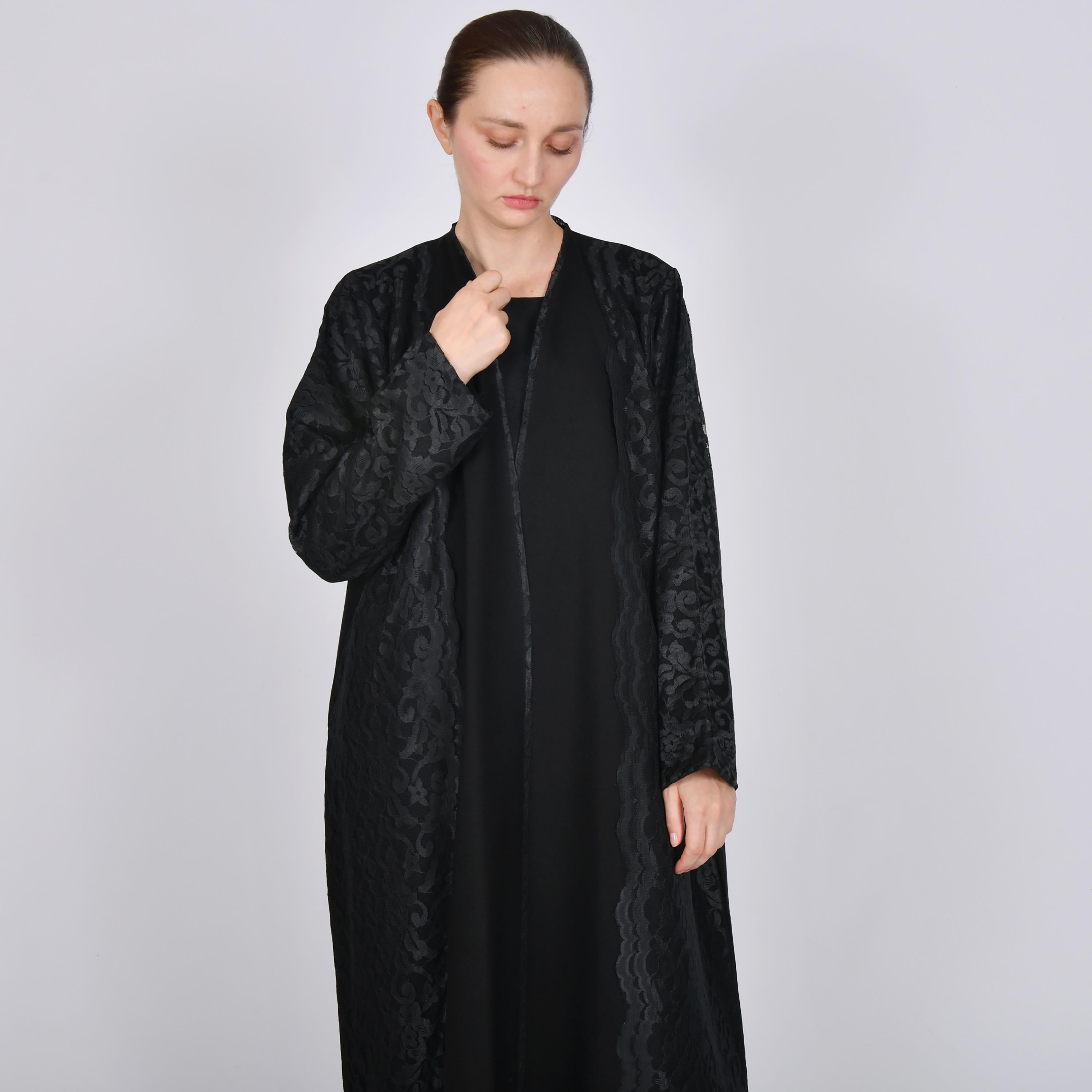 Oya Abaya Black Jacquard Detailed Linen Women's Abaya-women-arabicclothing-abayas-image-3