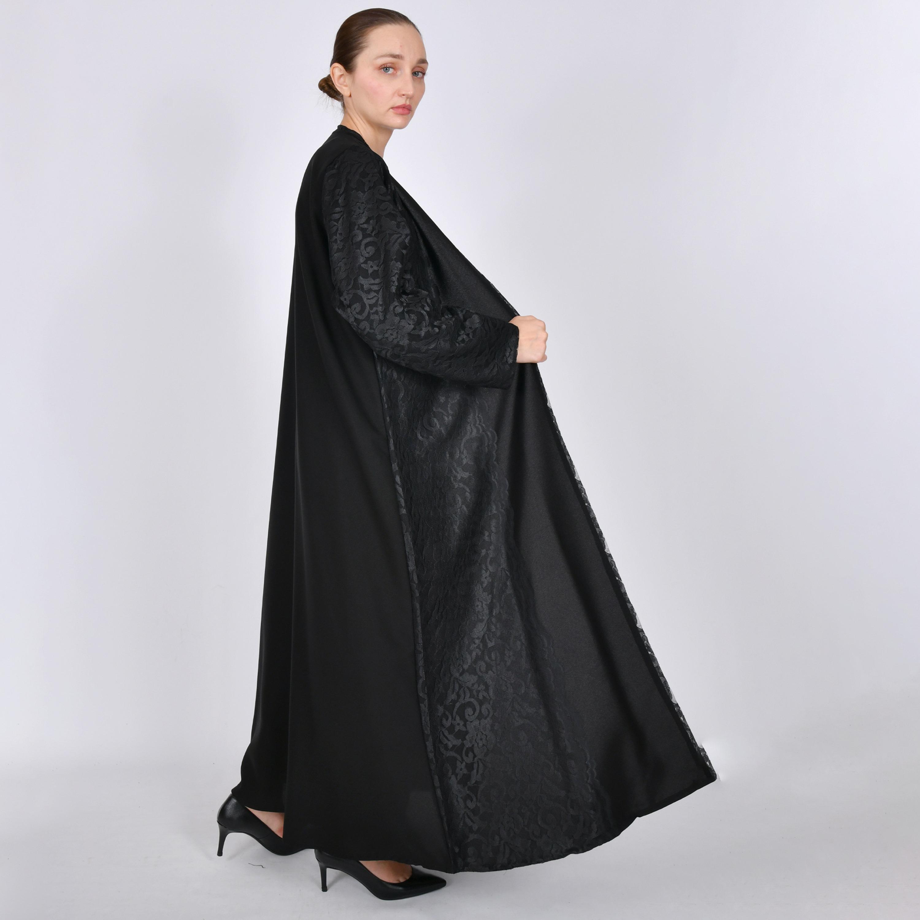 Oya Abaya Black Jacquard Detailed Linen Women's Abaya-women-arabicclothing-abayas-image-4