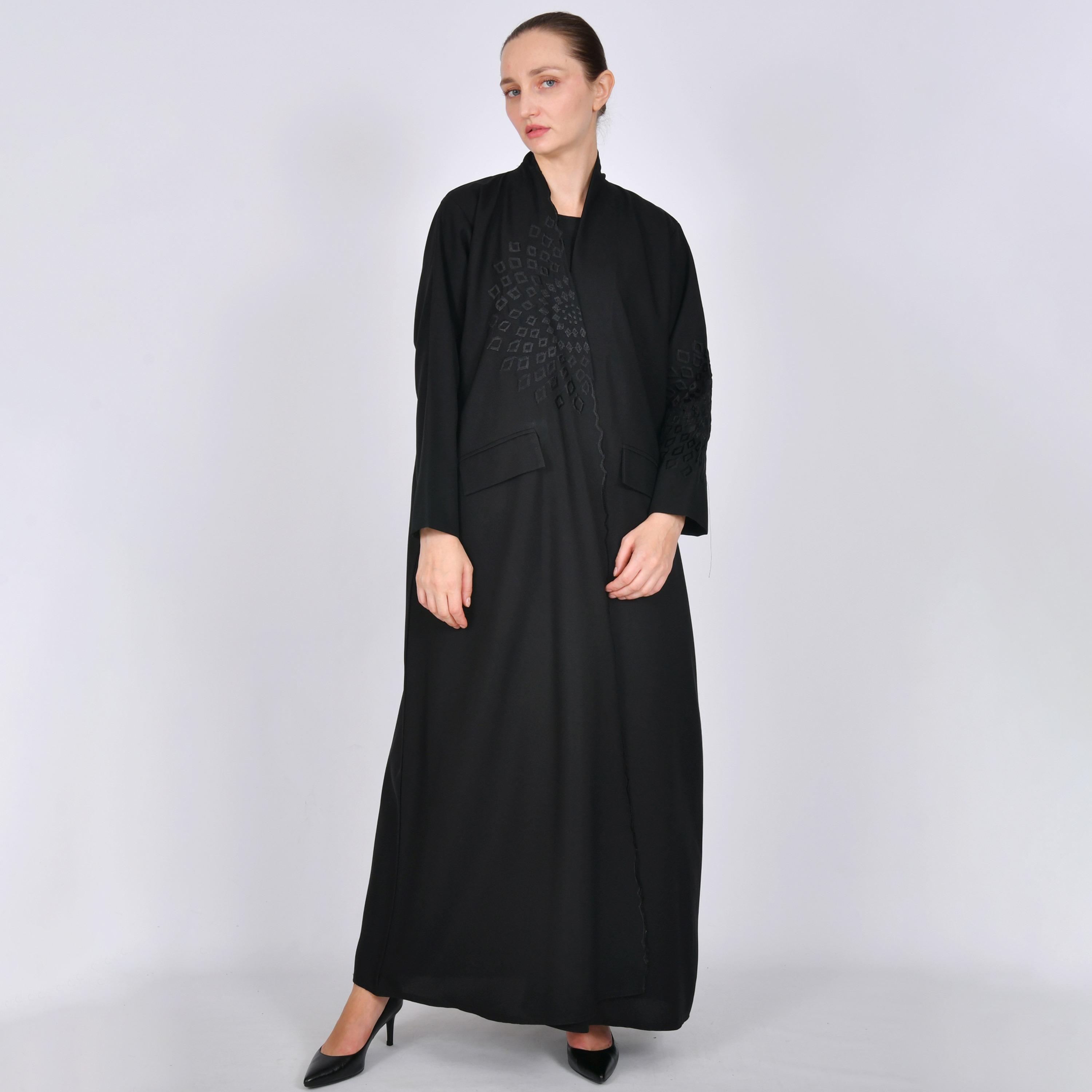 Oya Abaya Black Geometric Embroidered Linen Women's Abaya-women-arabicclothing-abayas-image-1