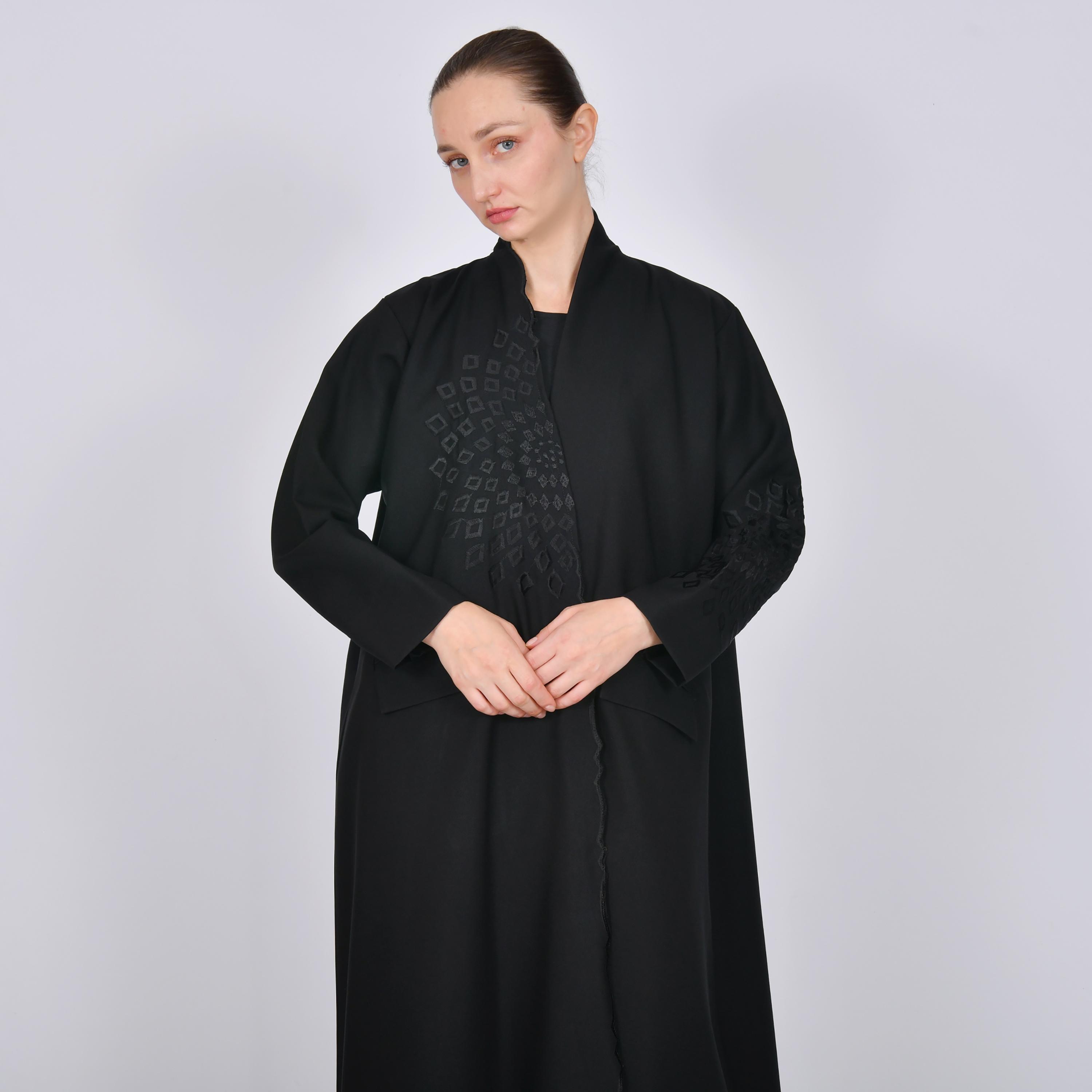 Oya Abaya Black Geometric Embroidered Linen Women's Abaya-women-arabicclothing-abayas-image-2