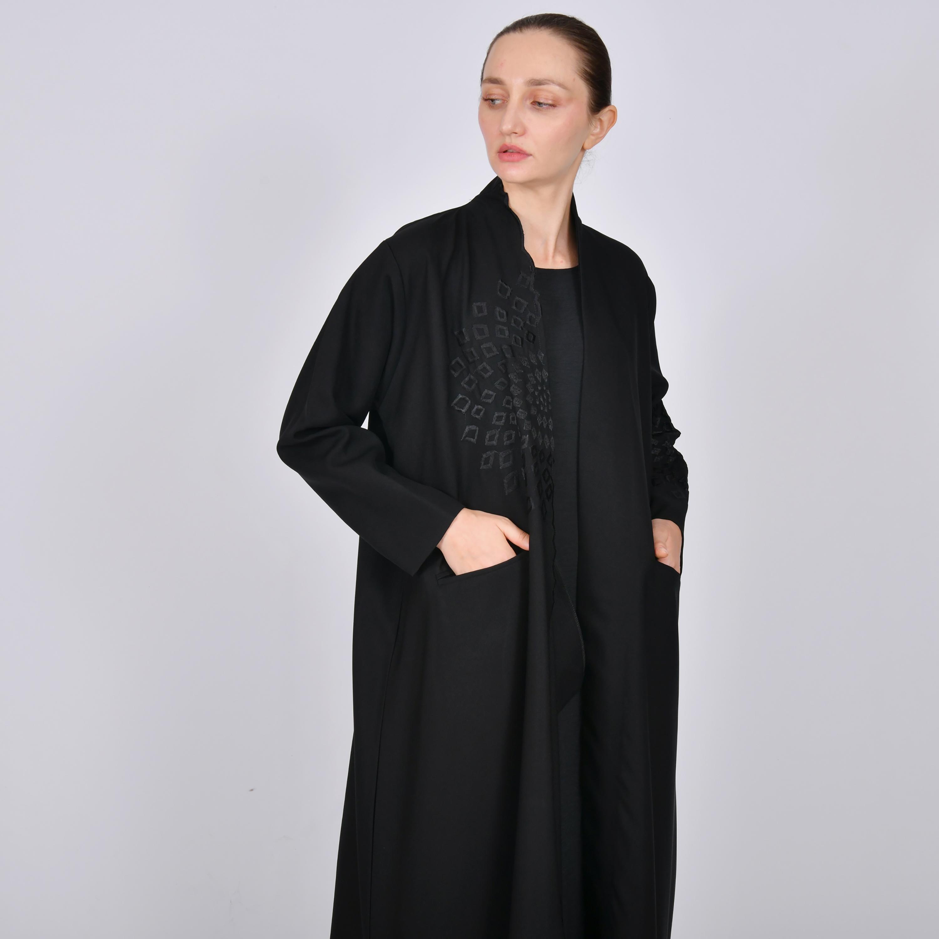 Oya Abaya Black Geometric Embroidered Linen Women's Abaya-women-arabicclothing-abayas-image-3