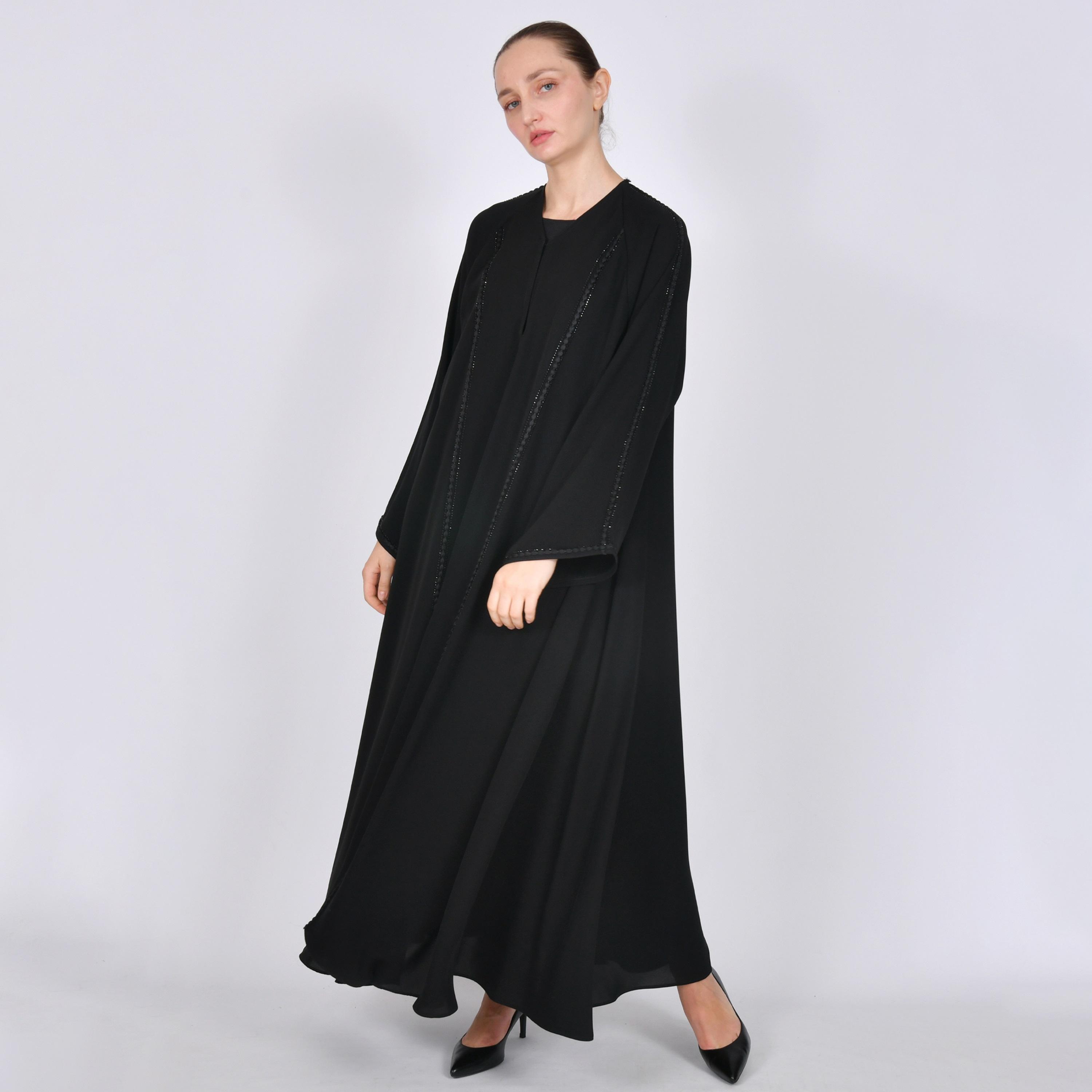Oya Abaya Black Stone Embellished Wide Sleeves Linen Women's Half-Cloche Abaya-women-arabicclothing-abayas-image-1