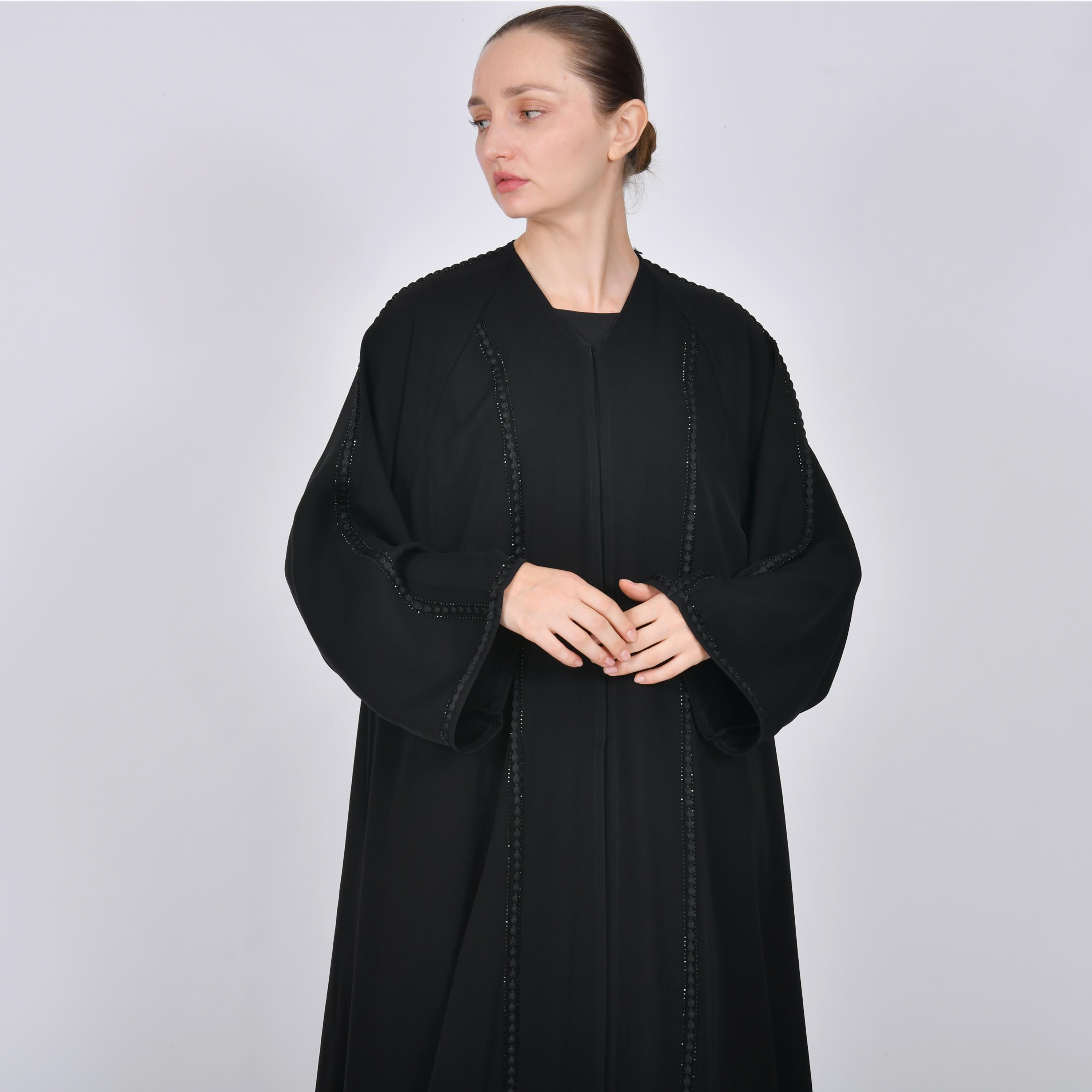 Oya Abaya Black Stone Embellished Wide Sleeves Linen Women's Half-Cloche Abaya-women-arabicclothing-abayas-image-2