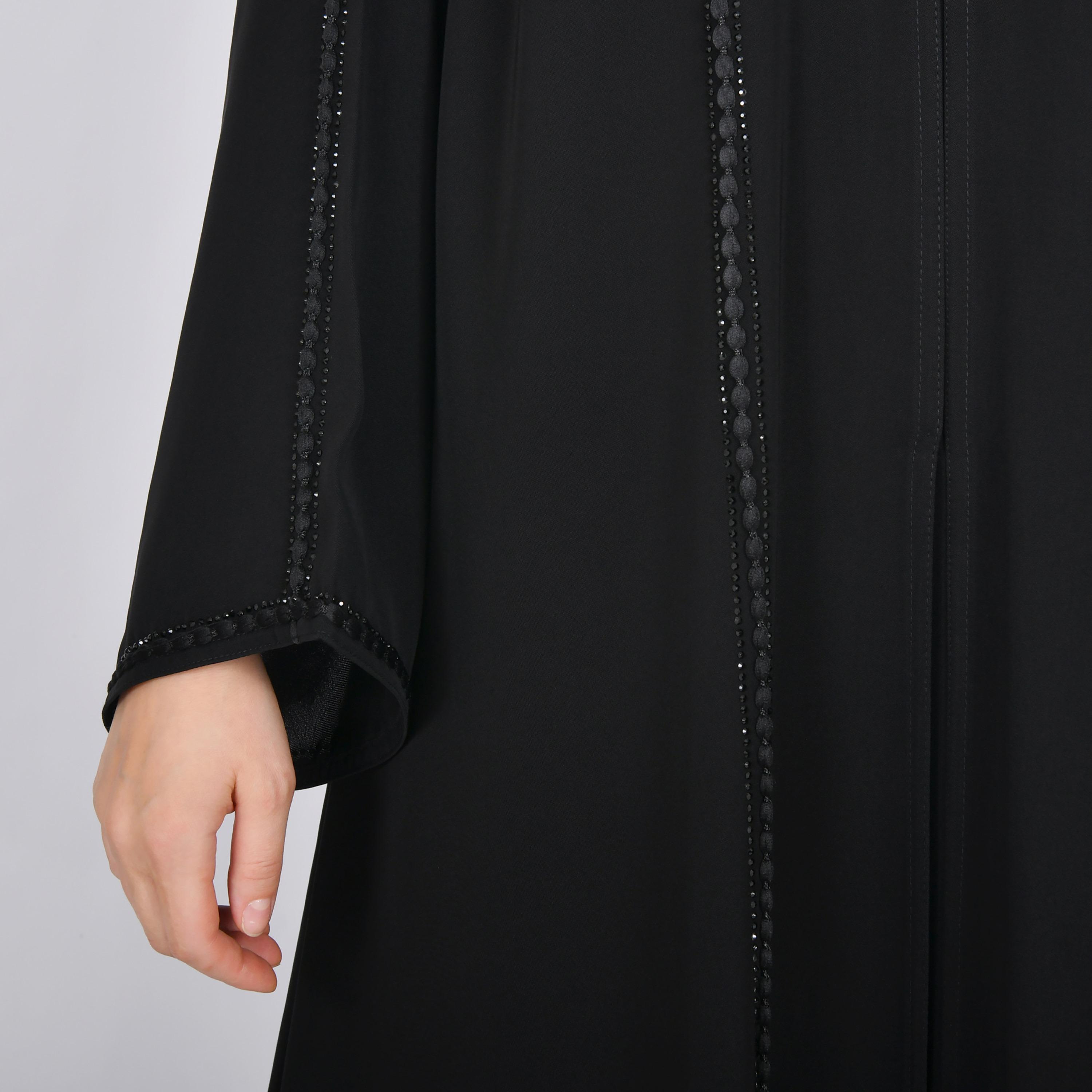 Oya Abaya Black Stone Embellished Wide Sleeves Linen Women's Half-Cloche Abaya-women-arabicclothing-abayas-image-3