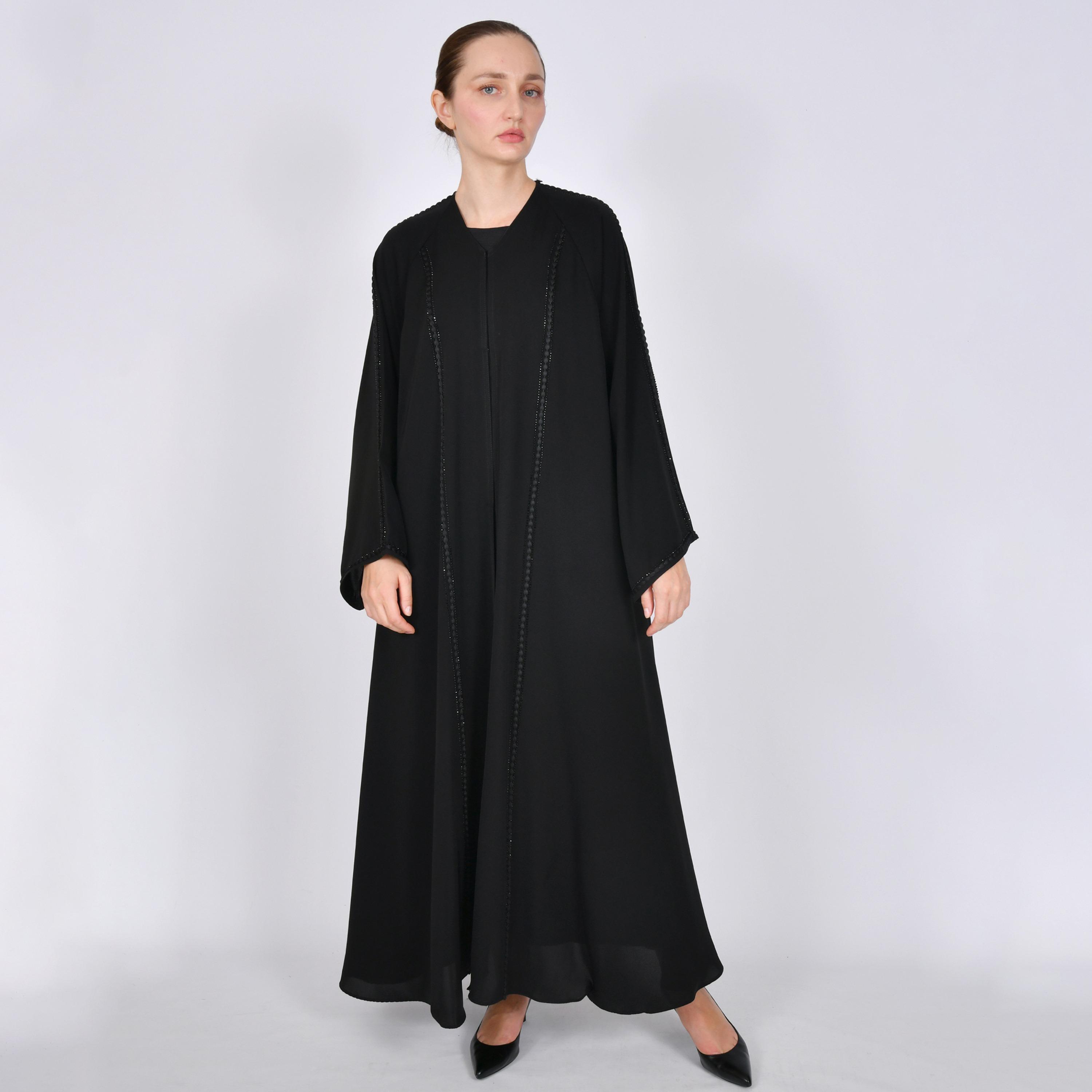Oya Abaya Black Stone Embellished Wide Sleeves Linen Women's Half-Cloche Abaya-women-arabicclothing-abayas-image-4