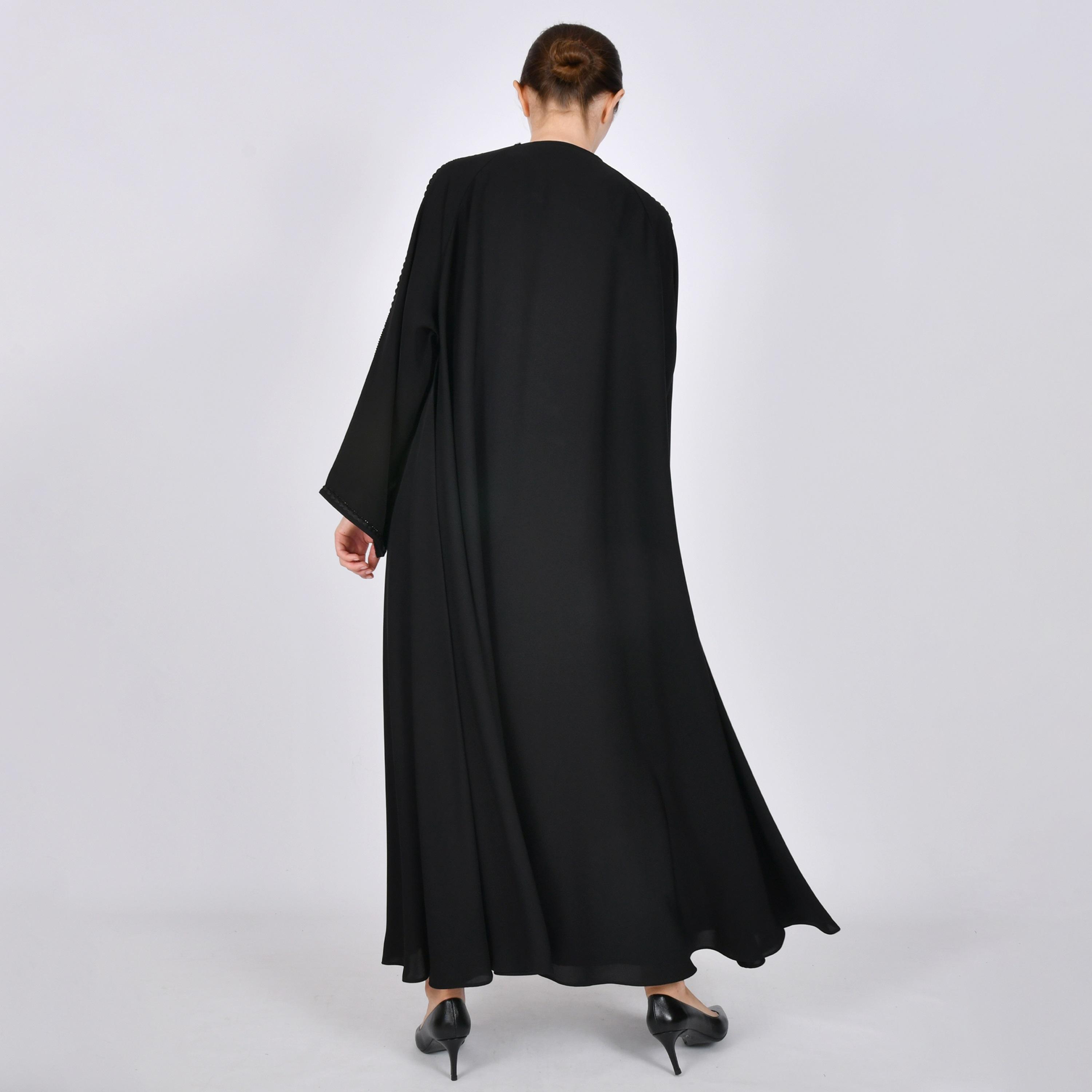 Oya Abaya Black Stone Embellished Wide Sleeves Linen Women's Half-Cloche Abaya-women-arabicclothing-abayas-image-5