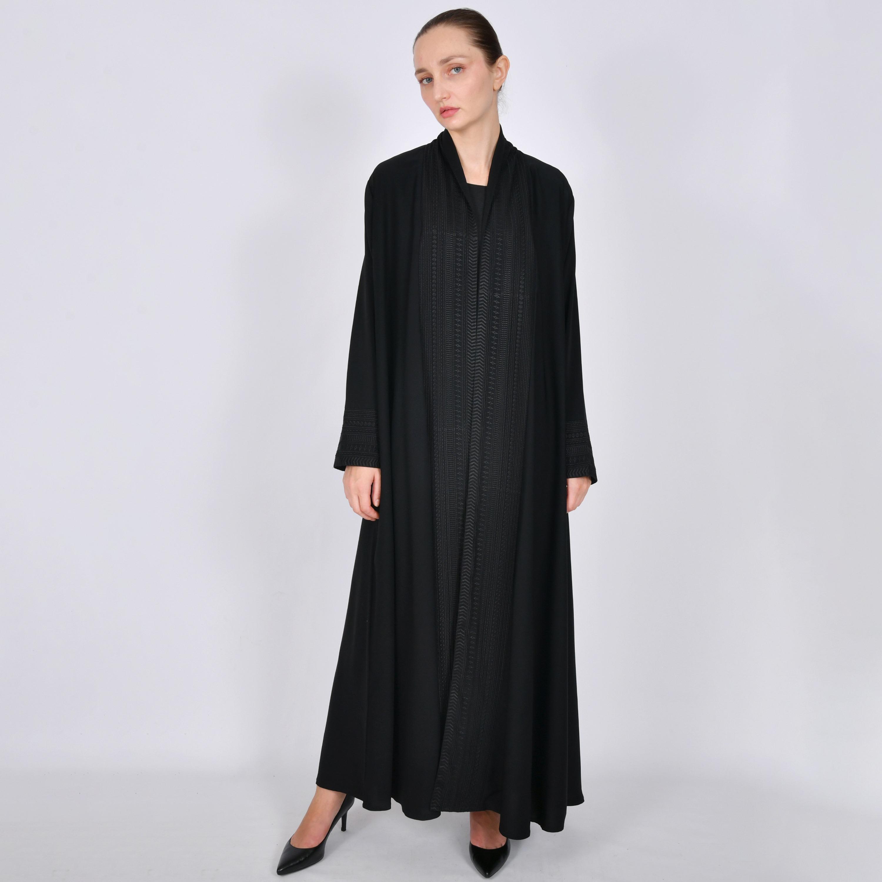 Oya Abaya Black Embroidered Linen Women's Quarter-Circle Abaya-women-arabicclothing-abayas-image-1
