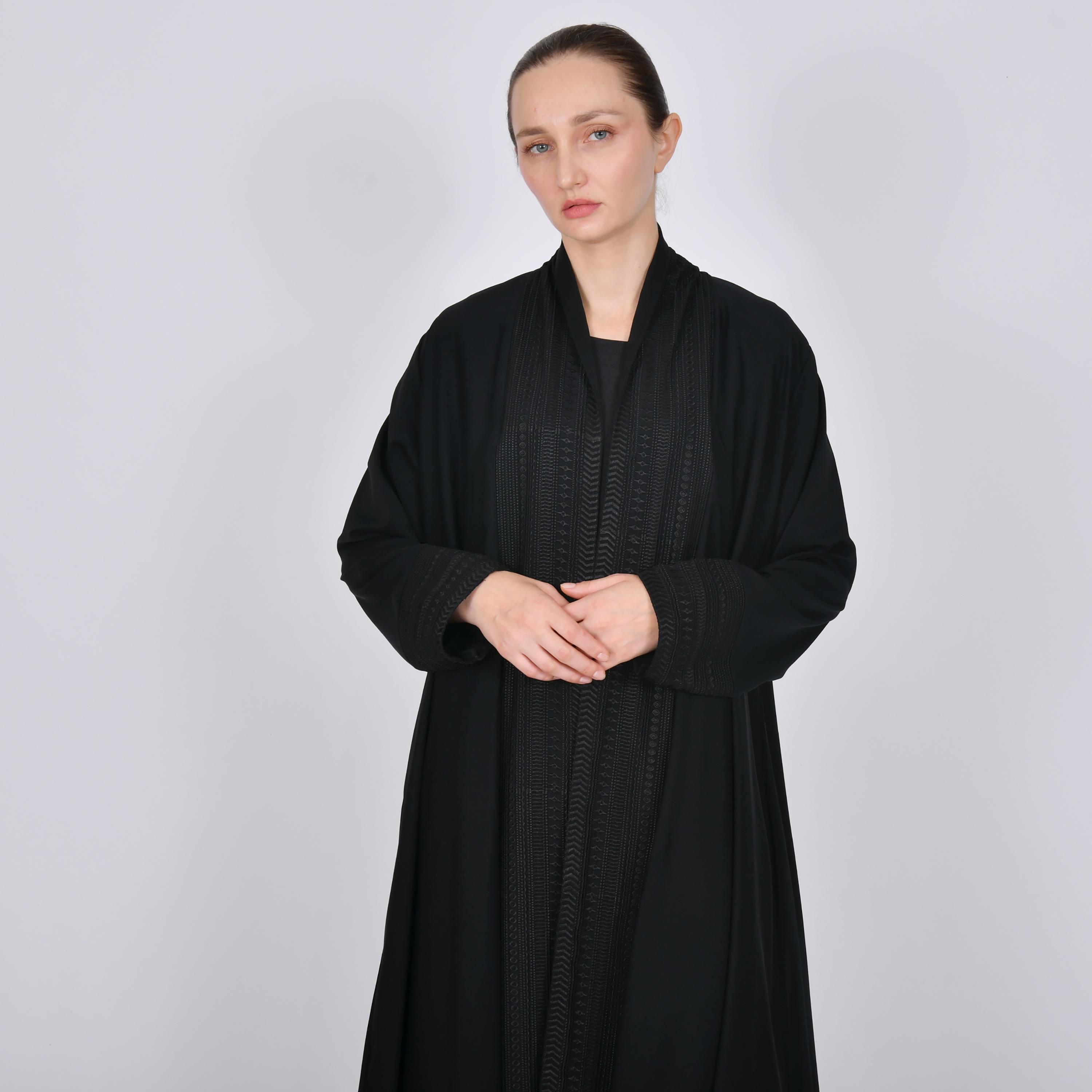 Oya Abaya Black Embroidered Linen Women's Quarter-Circle Abaya-women-arabicclothing-abayas-image-2