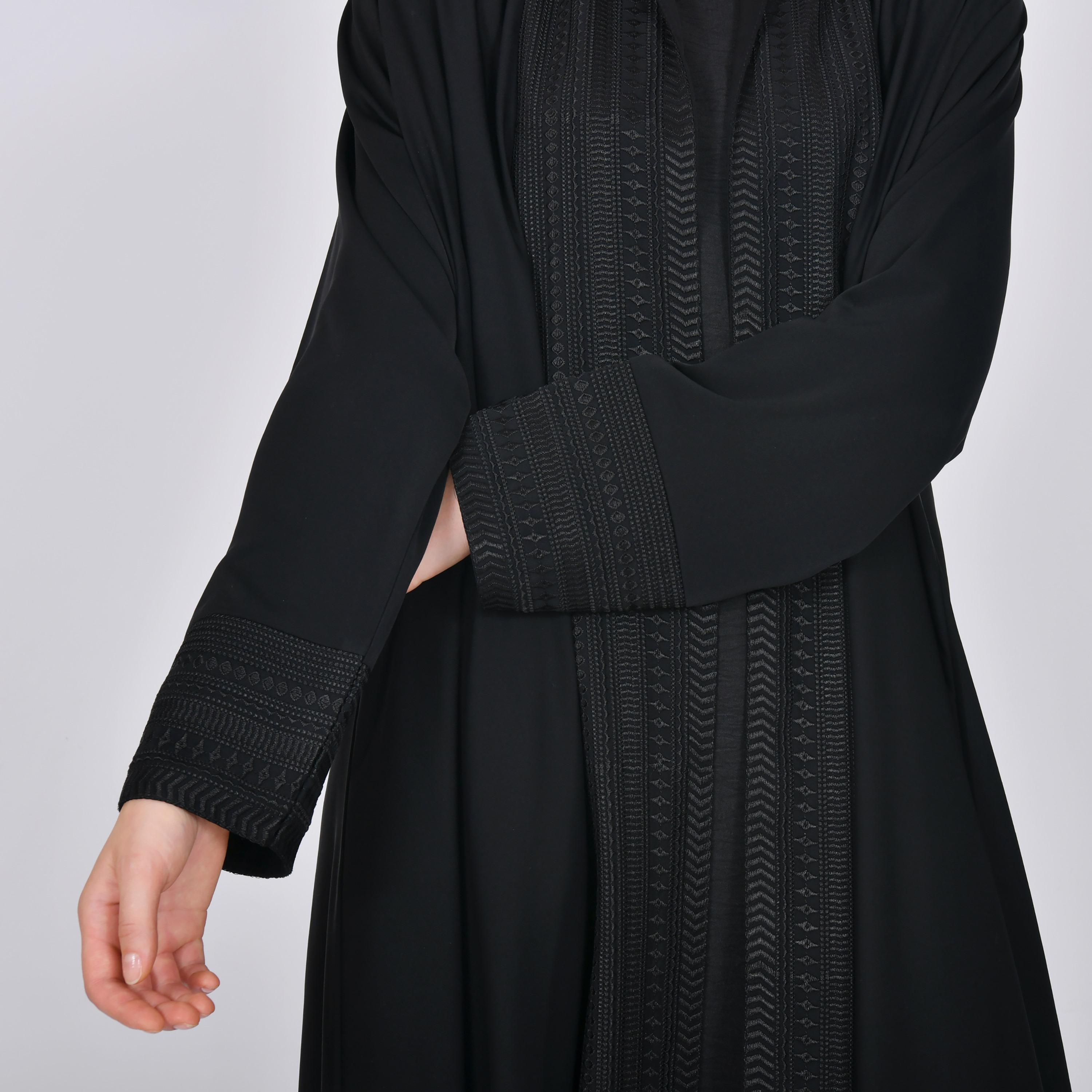 Oya Abaya Black Embroidered Linen Women's Quarter-Circle Abaya-women-arabicclothing-abayas-image-3