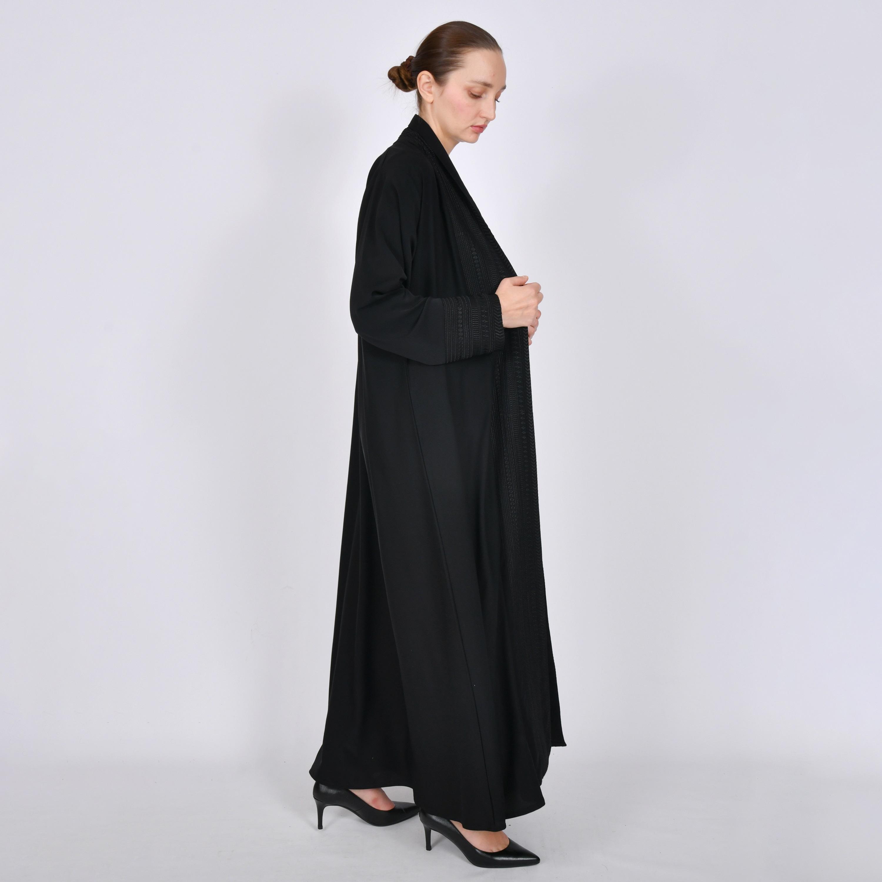 Oya Abaya Black Embroidered Linen Women's Quarter-Circle Abaya-women-arabicclothing-abayas-image-4