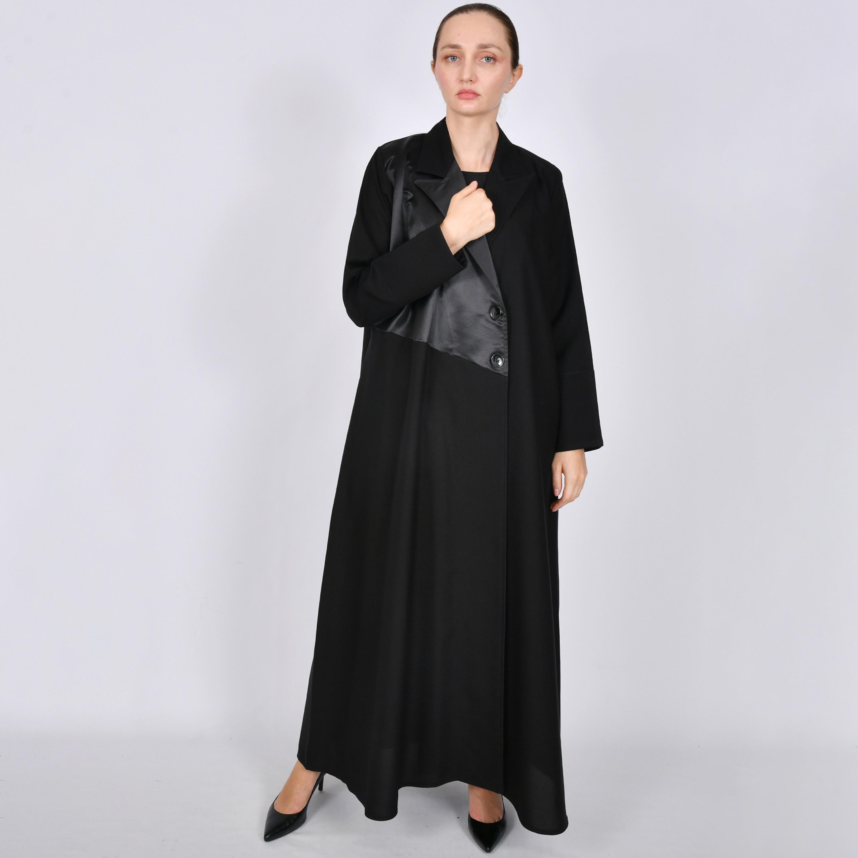 Oya Abaya Black Colour-Blocked Lapel Collar Linen Women's Formal Blazer Style Abaya-women-arabicclothing-abayas-image-1
