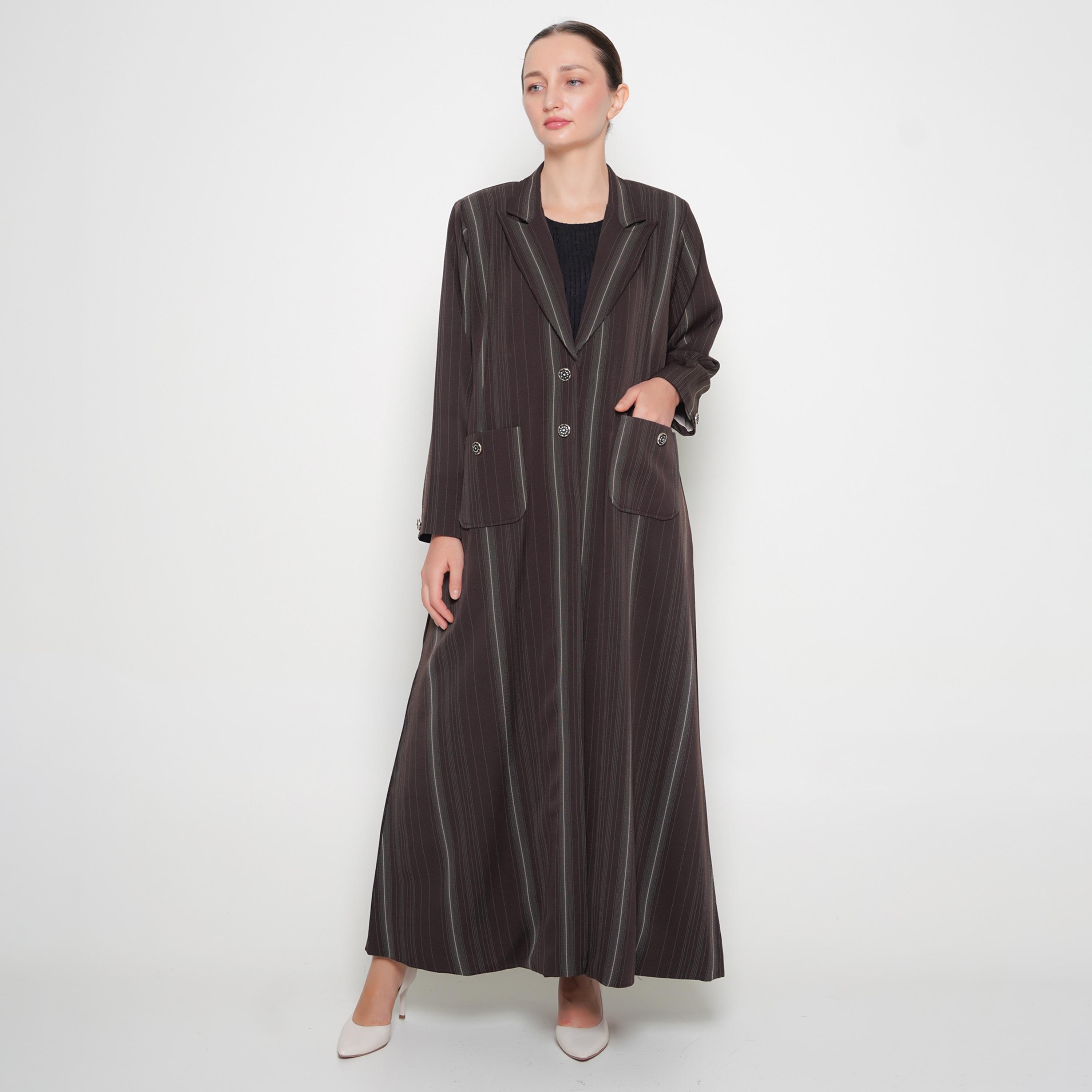 Oya Abaya Brown Striped Lapel Collar Linen Women's Formal Coat Style Abaya-women-arabicclothing-abayas-image-1