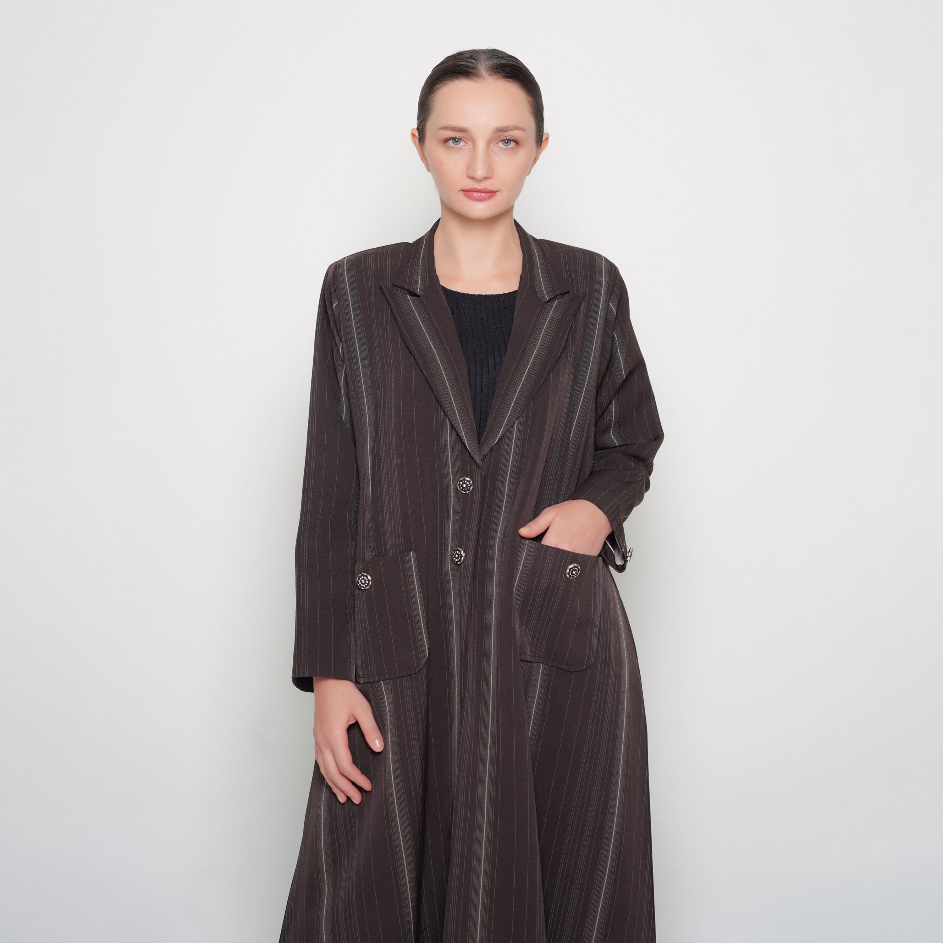 Oya Abaya Brown Striped Lapel Collar Linen Women's Formal Coat Style Abaya-women-arabicclothing-abayas-image-2