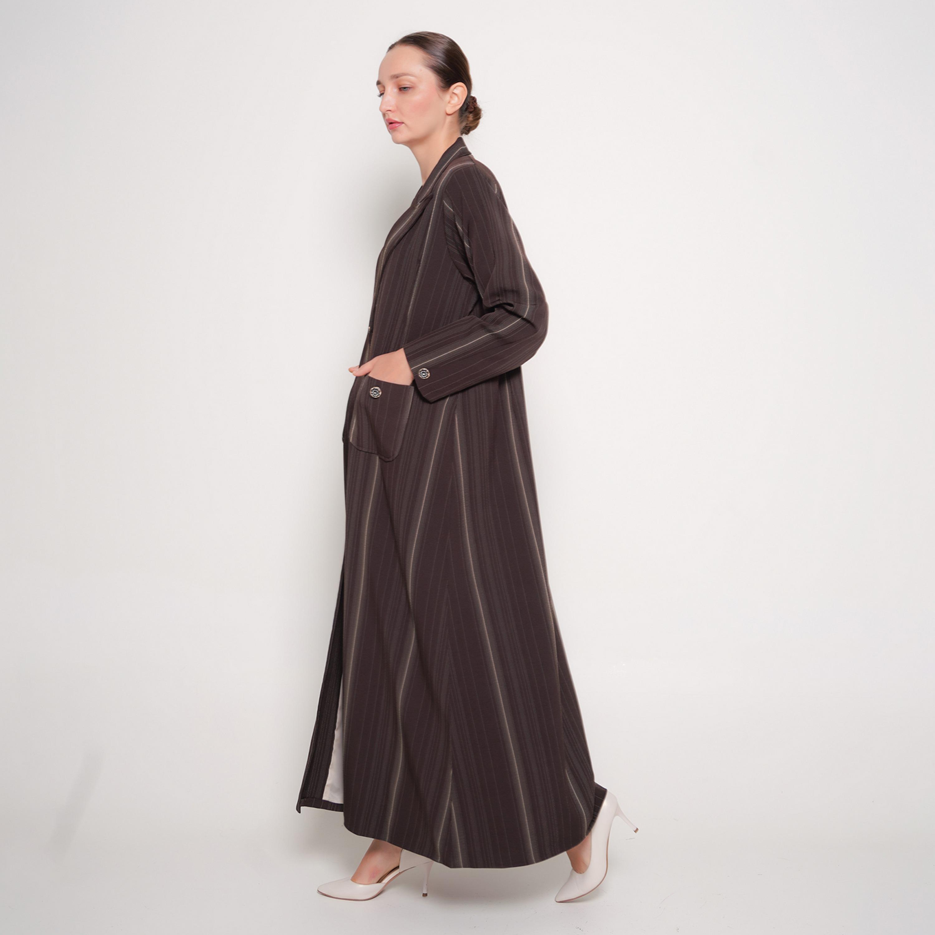 Oya Abaya Brown Striped Lapel Collar Linen Women's Formal Coat Style Abaya-women-arabicclothing-abayas-image-3