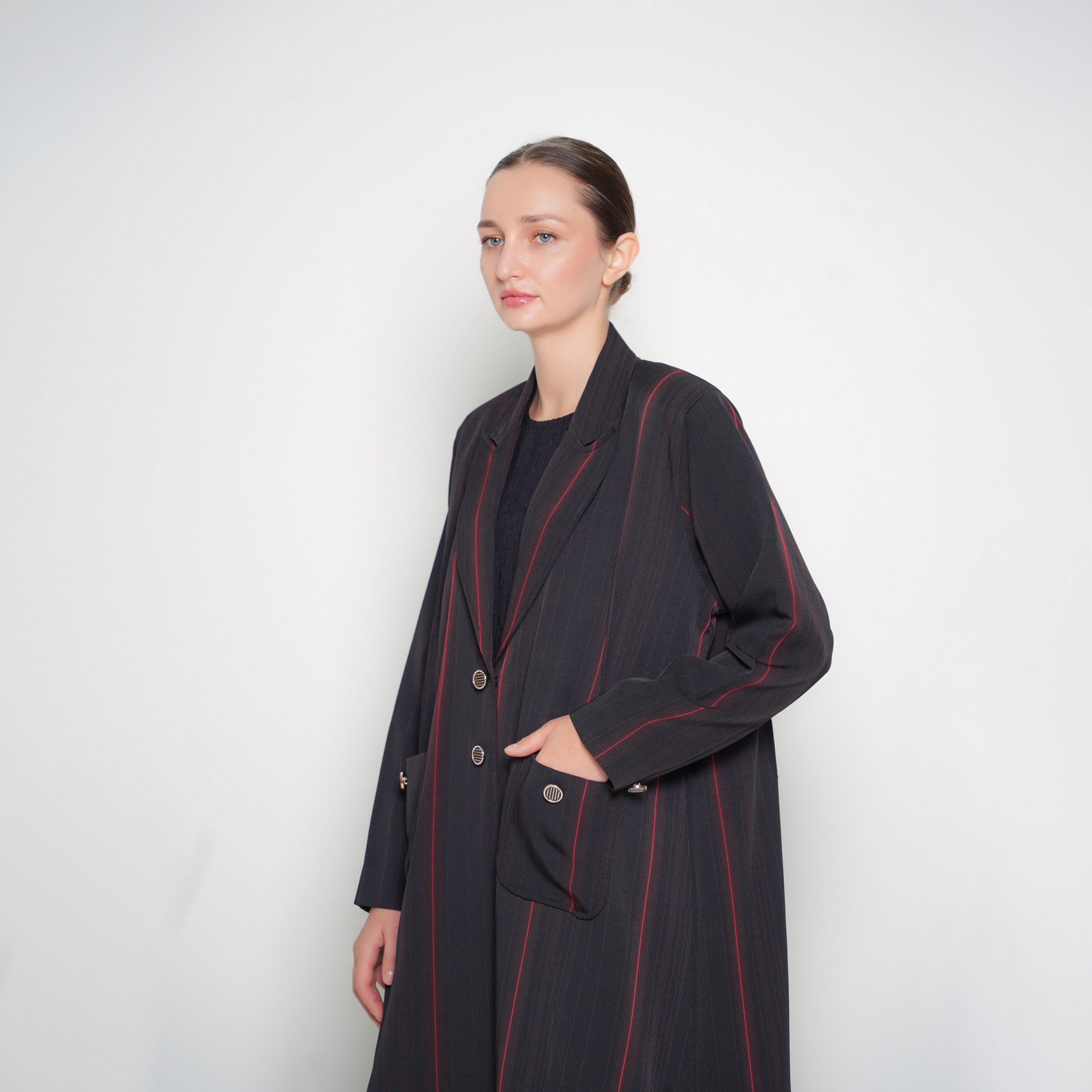 Oya Abaya Black Striped Lapel Collar Linen Women's Formal Coat Style Abaya-women-arabicclothing-abayas-image-2