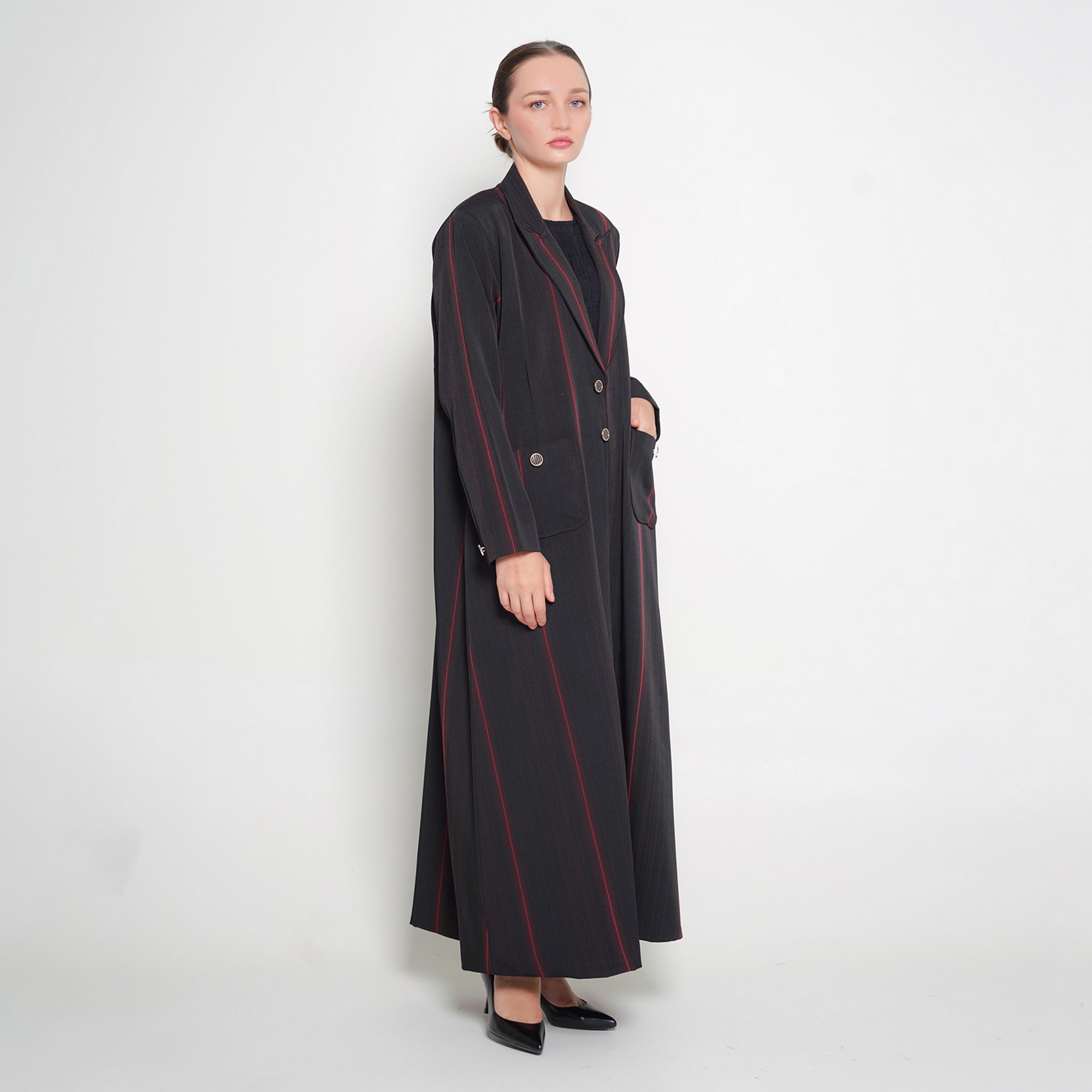 Oya Abaya Black Striped Lapel Collar Linen Women's Formal Coat Style Abaya-women-arabicclothing-abayas-image-3
