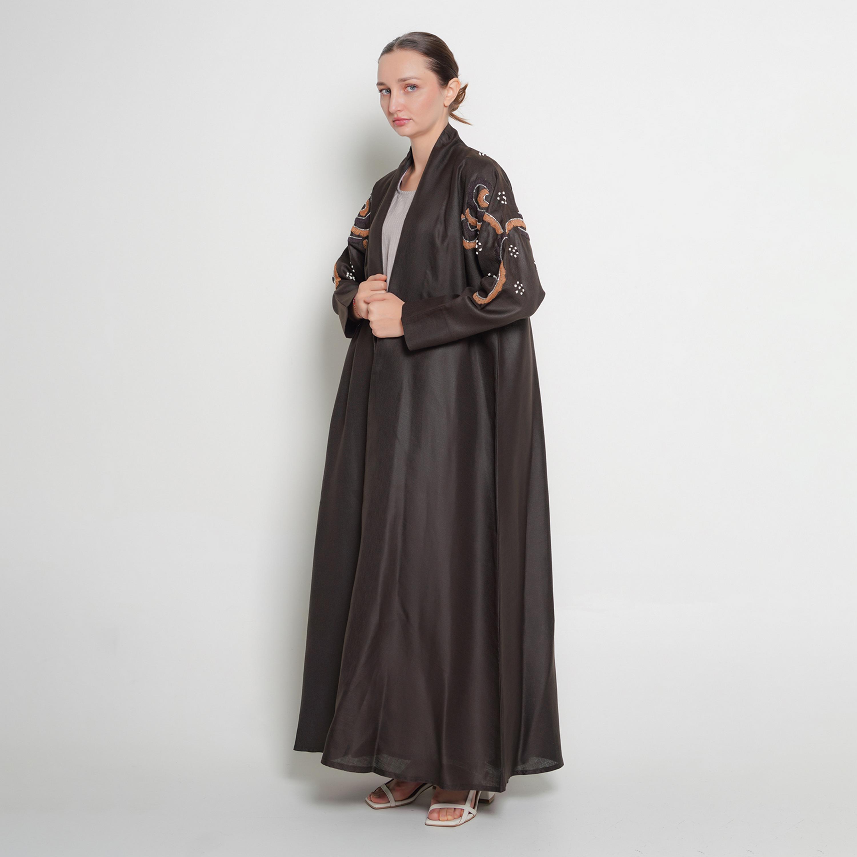 عباية نسائية من الكتان باللون البني مطرزة بقصة نصف كلوش من أويا عباية-women-arabicclothing-abayas-image-1