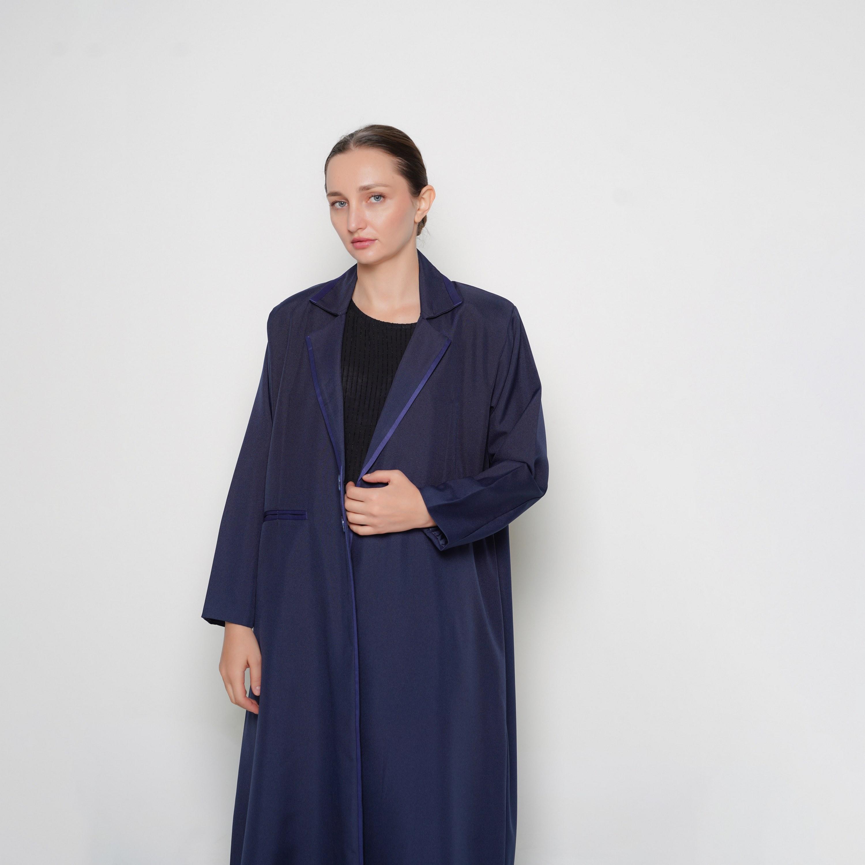 Oya Abaya Navy Blue Lapel Collar Linen Women's Formal Coat Style Abaya-women-arabicclothing-abayas-image-2