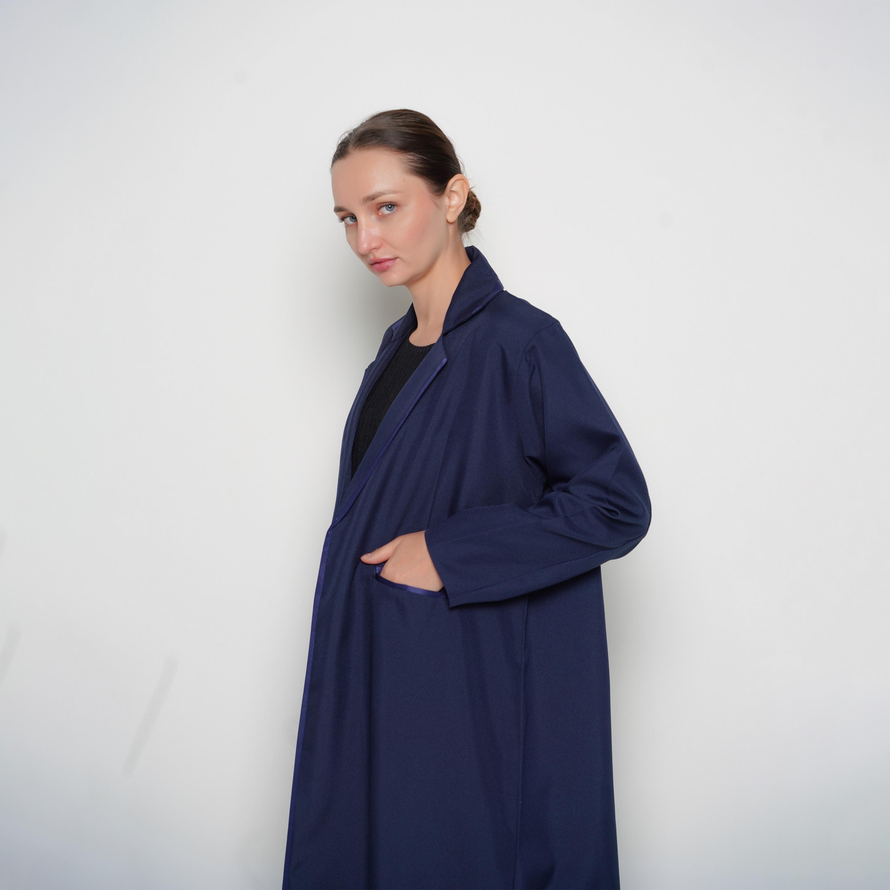 Oya Abaya Navy Blue Lapel Collar Linen Women's Formal Coat Style Abaya-women-arabicclothing-abayas-image-3