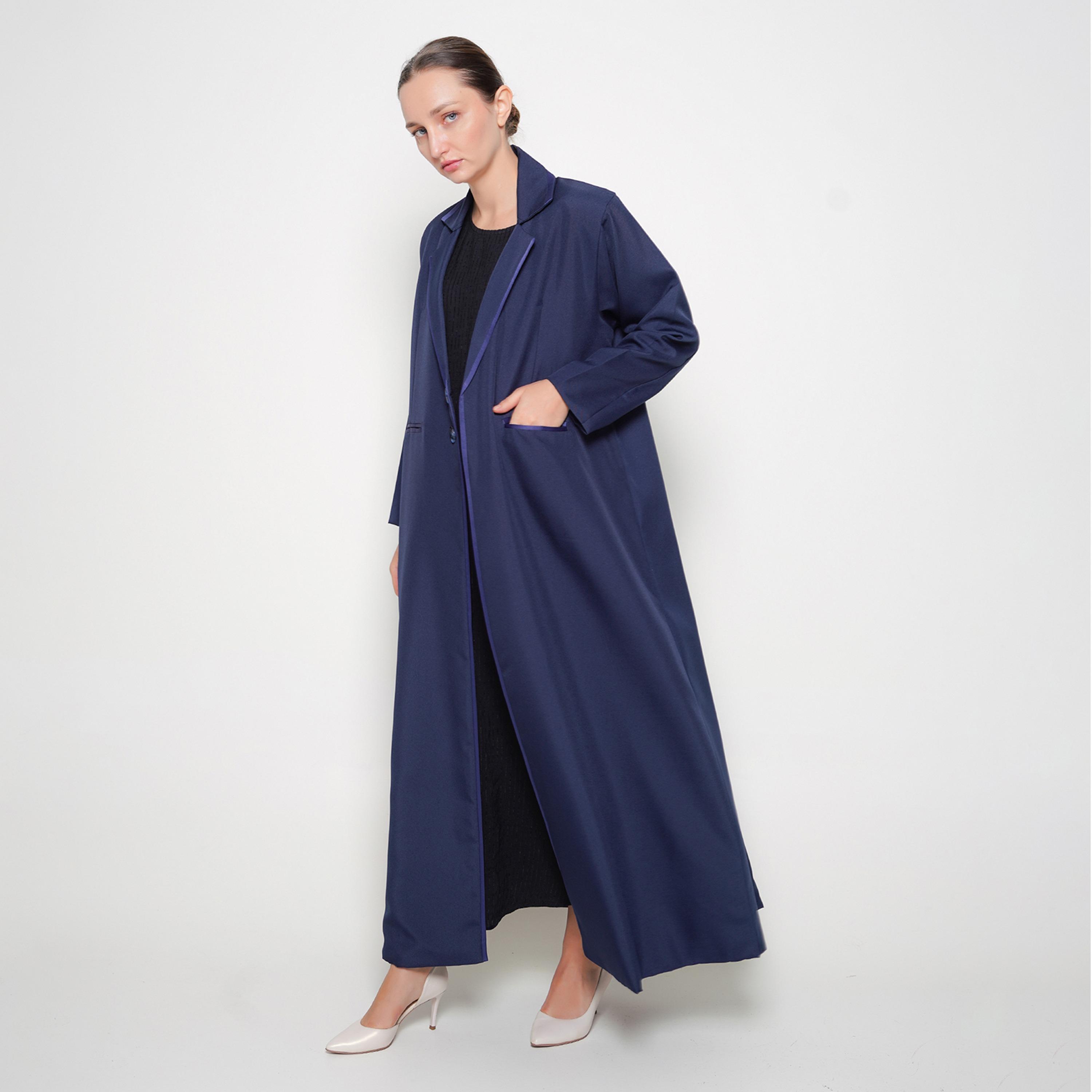 Oya Abaya Navy Blue Lapel Collar Linen Women's Formal Coat Style Abaya-women-arabicclothing-abayas-image-4