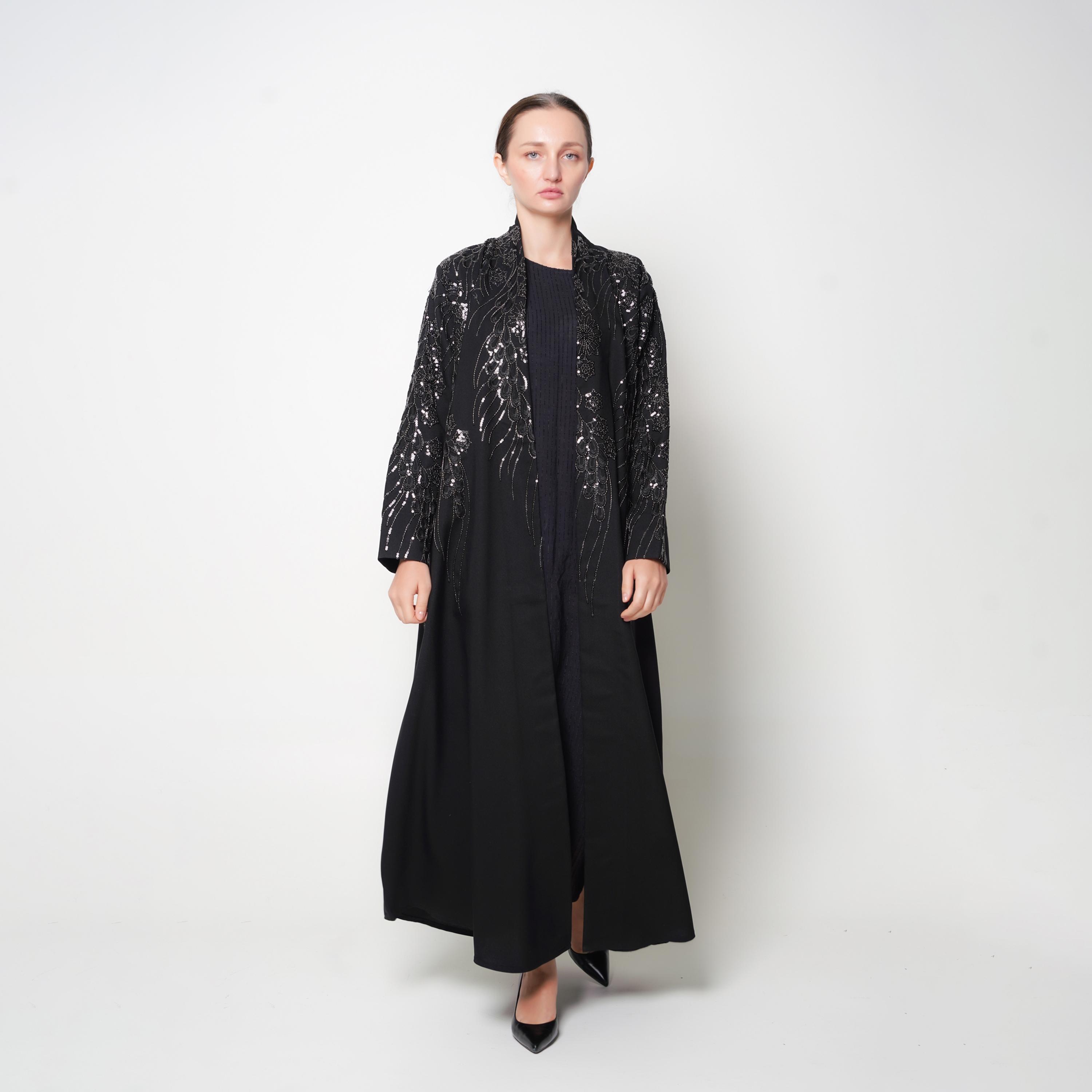 Oya Abaya Black Embroidered & Sequined Women's Flowing Cut Abaya-women-arabicclothing-abayas-image-1