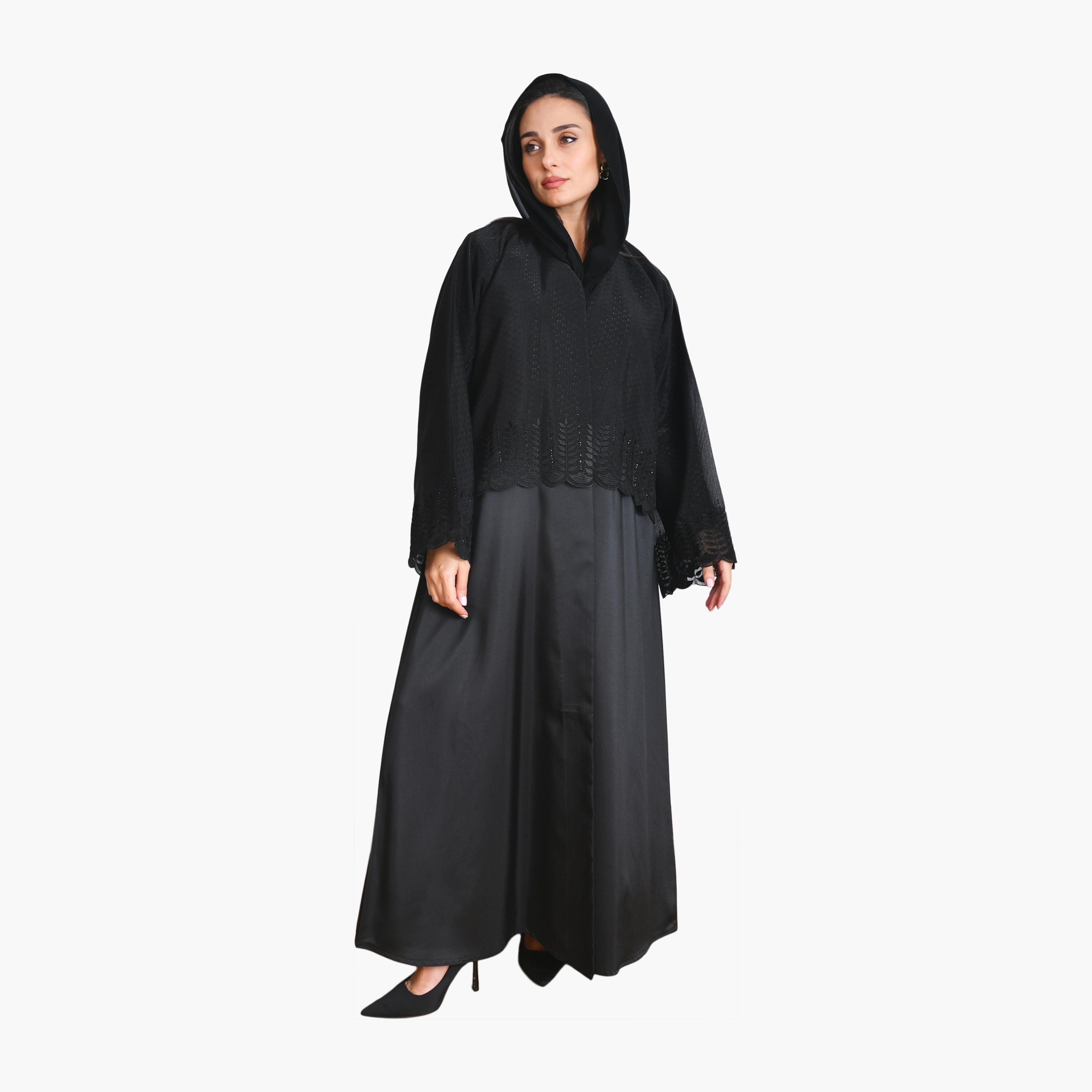 Oya Abaya Black Leaf Embroidered Linen Women's Half-Cloche Abaya-women-arabicclothing-abayas-image-1