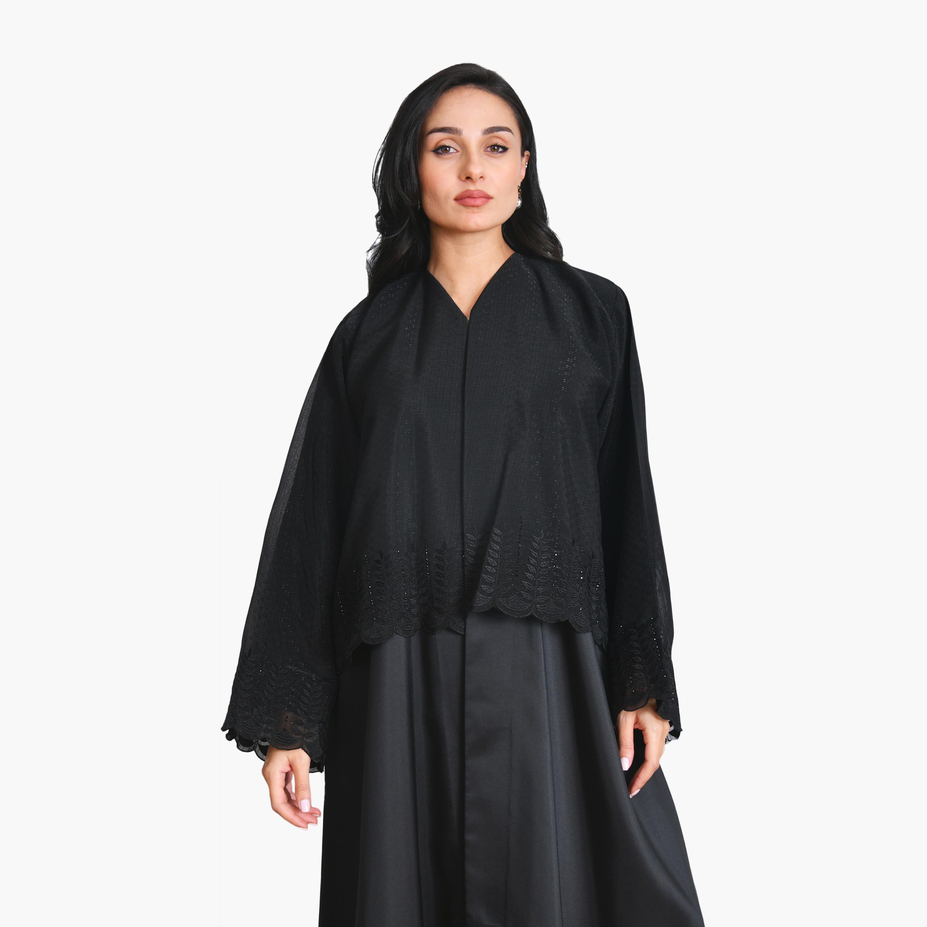 Oya Abaya Black Leaf Embroidered Linen Women's Half-Cloche Abaya-women-arabicclothing-abayas-image-2