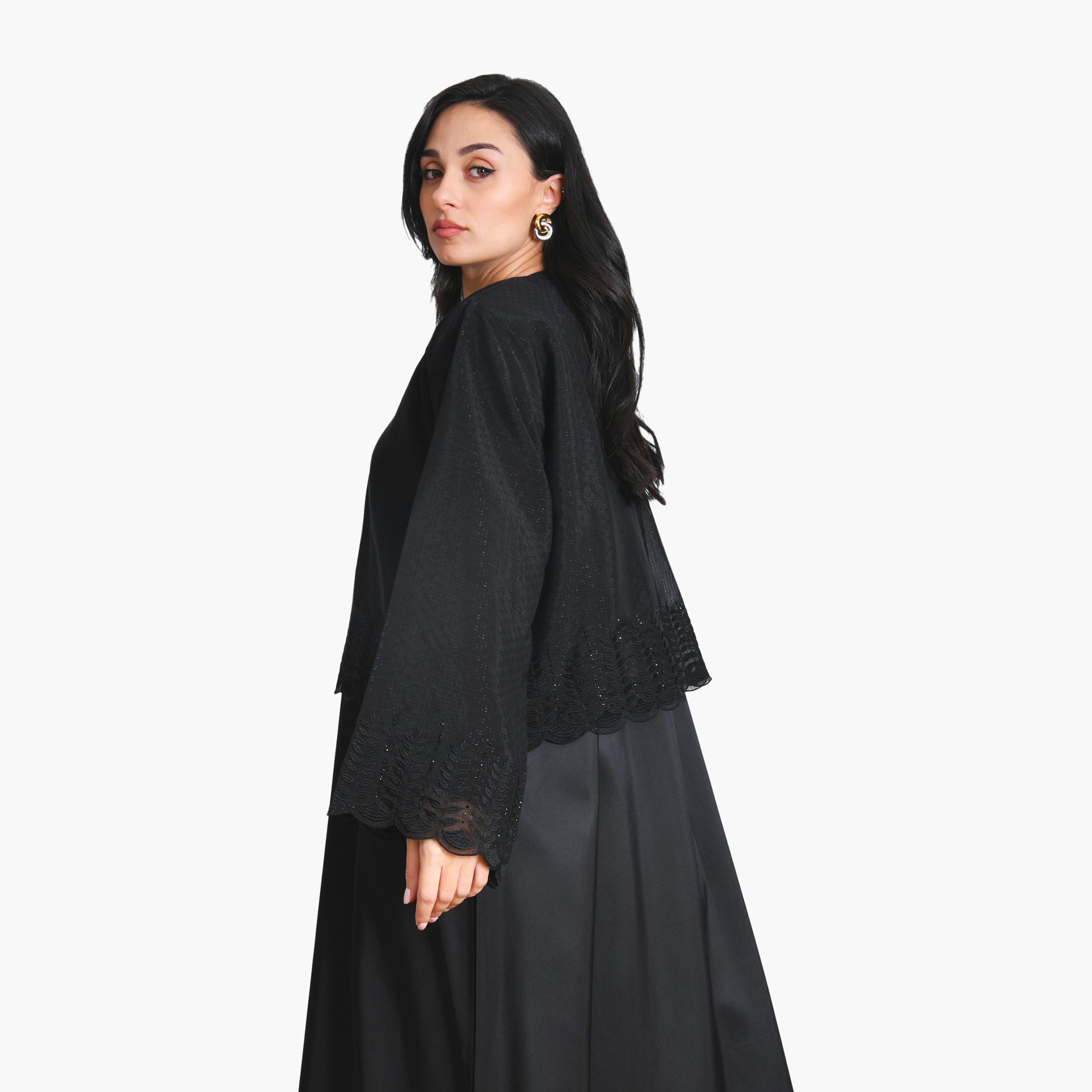 Oya Abaya Black Leaf Embroidered Linen Women's Half-Cloche Abaya-women-arabicclothing-abayas-image-3