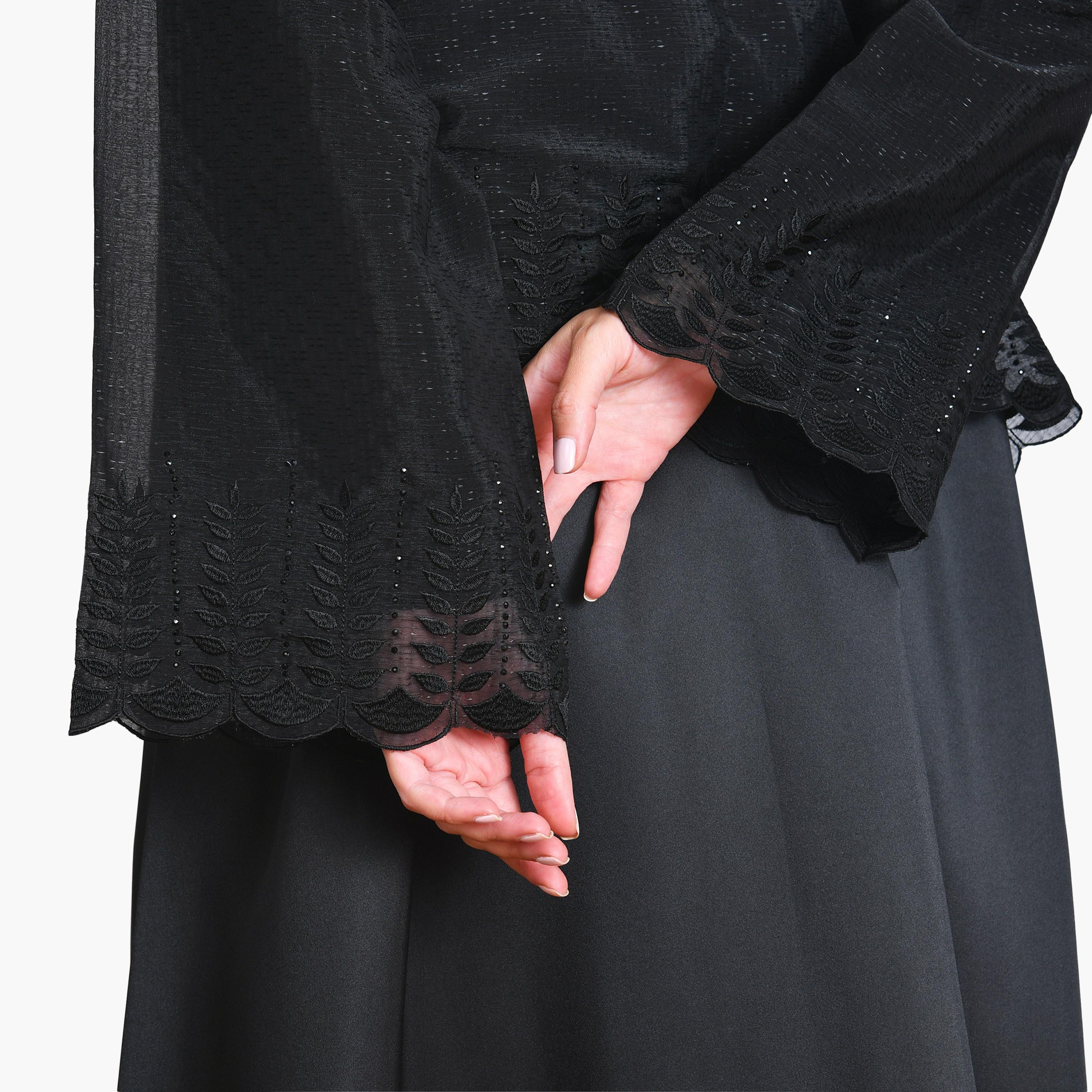 Oya Abaya Black Leaf Embroidered Linen Women's Half-Cloche Abaya-women-arabicclothing-abayas-image-4
