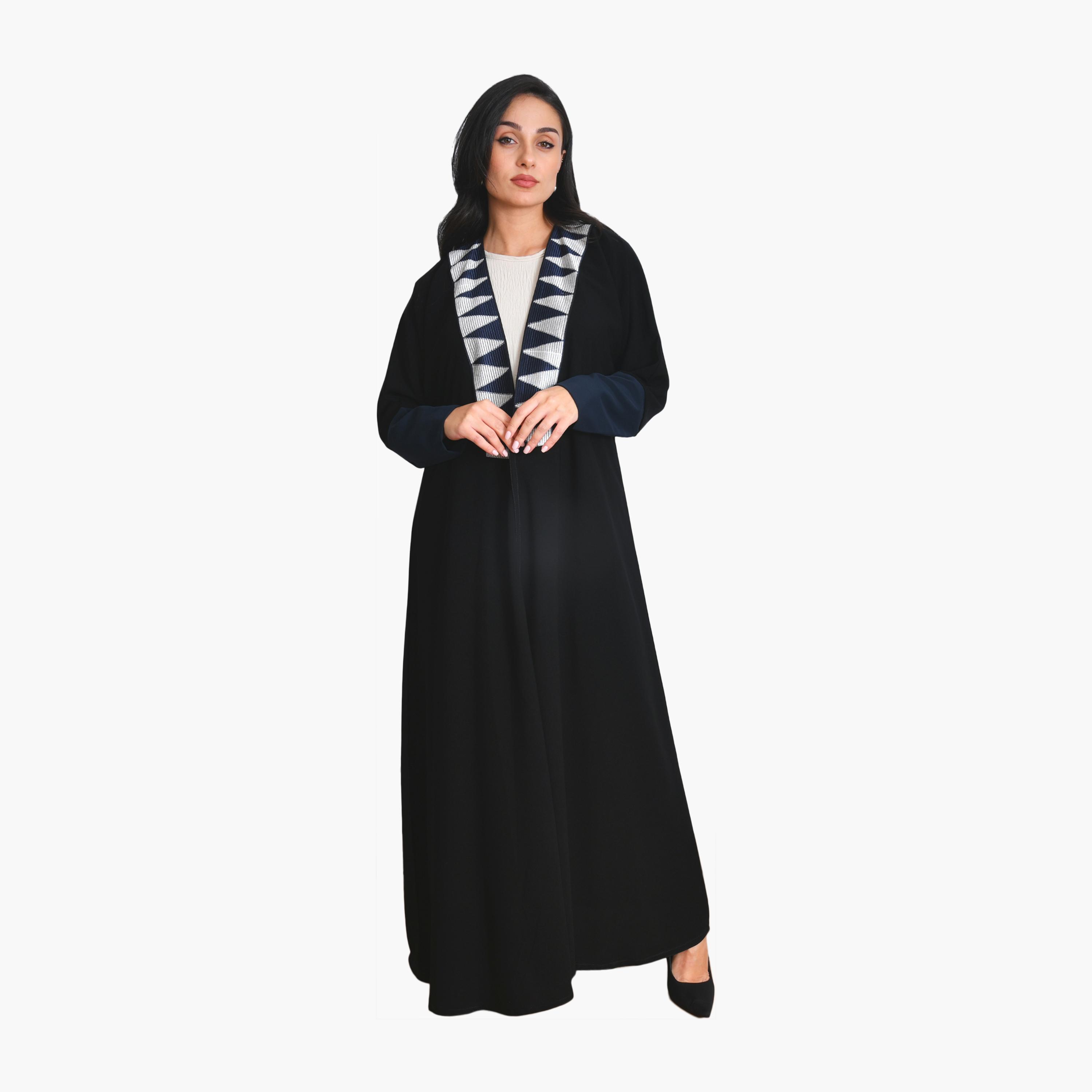 Oya Abaya Geometric Embroidered Dual Tone Sleeves Linen Women's Evening Quarter Cut Abaya with Hijab-women-arabicclothing-abayas-image-1