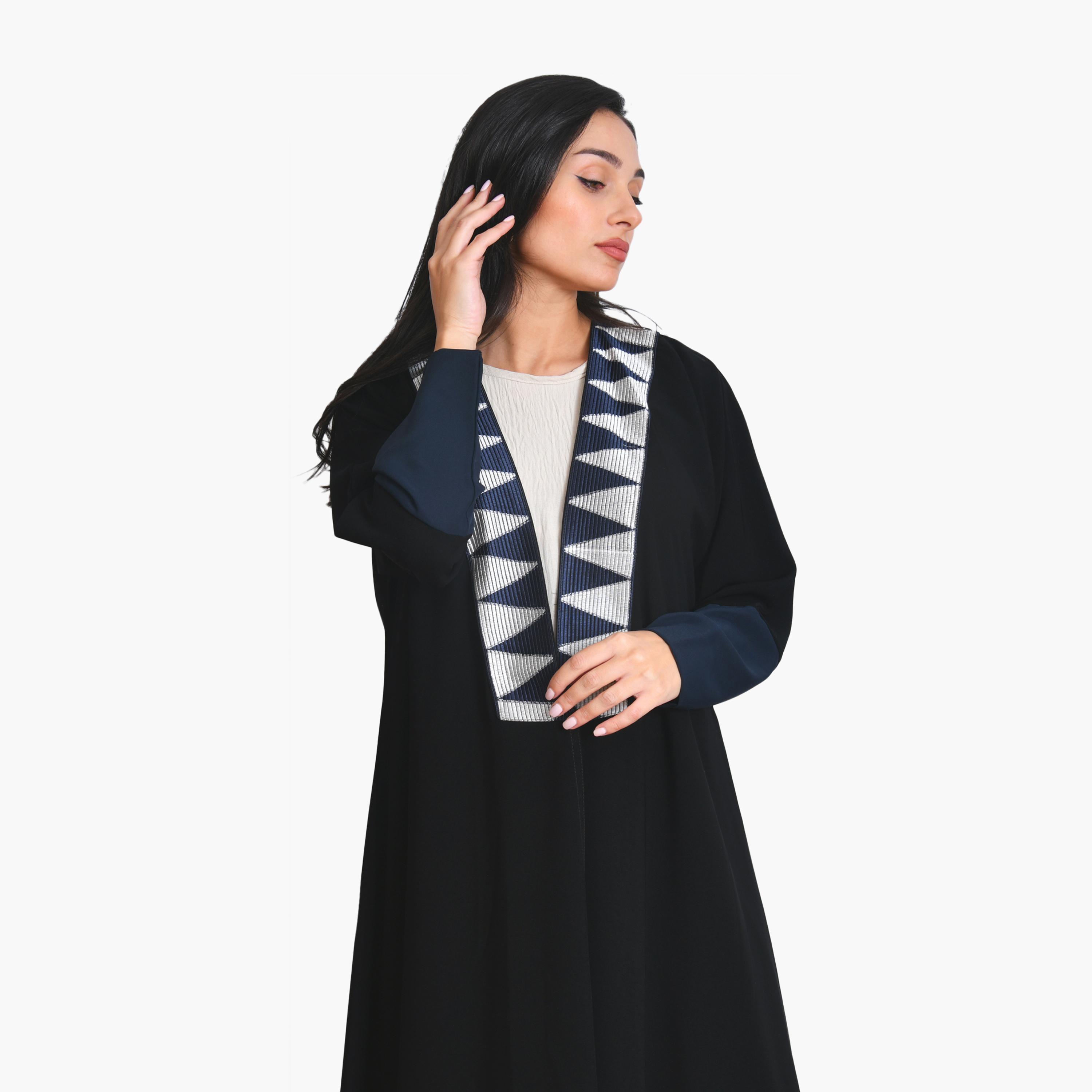 Oya Abaya Geometric Embroidered Dual Tone Sleeves Linen Women's Evening Quarter Cut Abaya with Hijab-women-arabicclothing-abayas-image-2