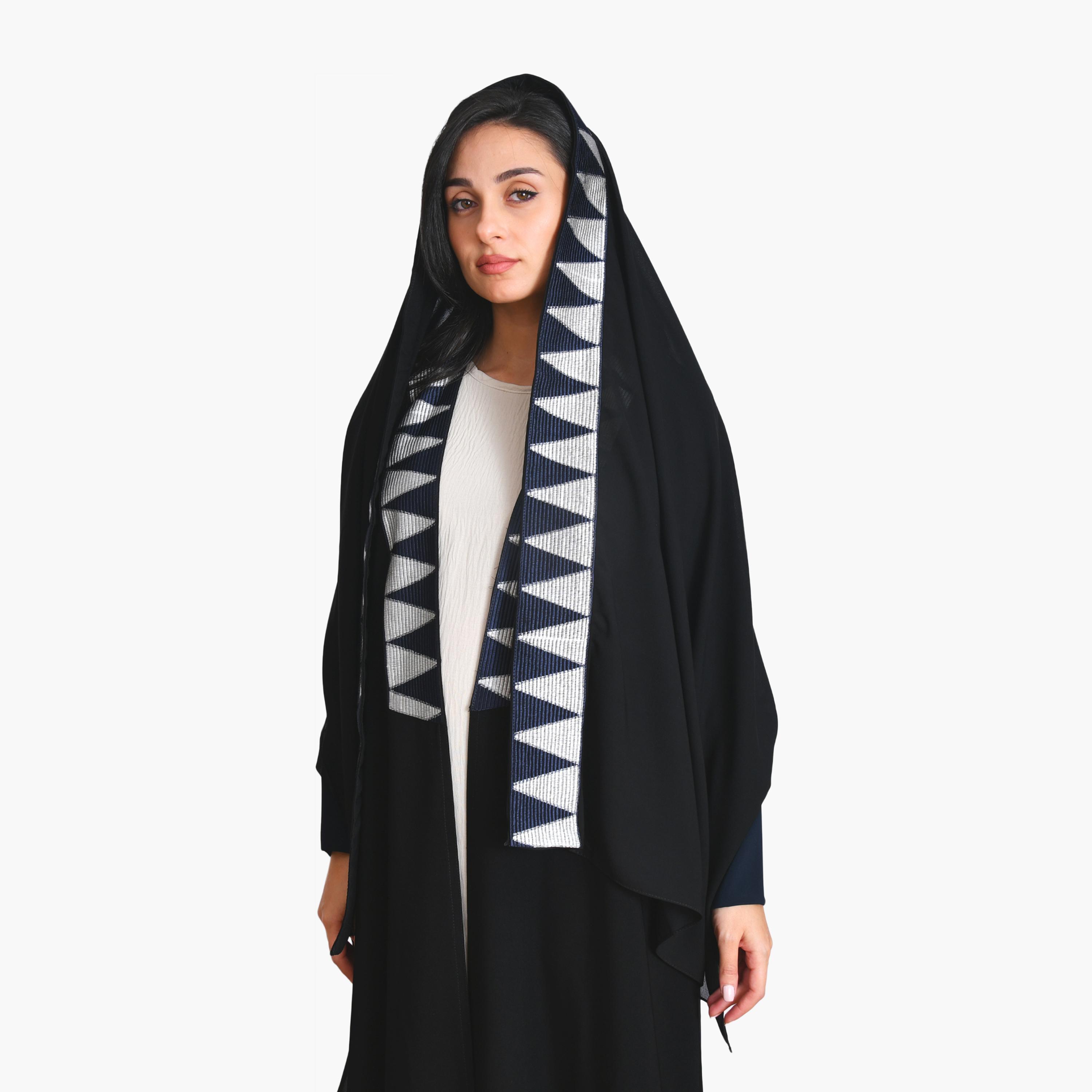 Oya Abaya Geometric Embroidered Dual Tone Sleeves Linen Women's Evening Quarter Cut Abaya with Hijab-women-arabicclothing-abayas-image-3