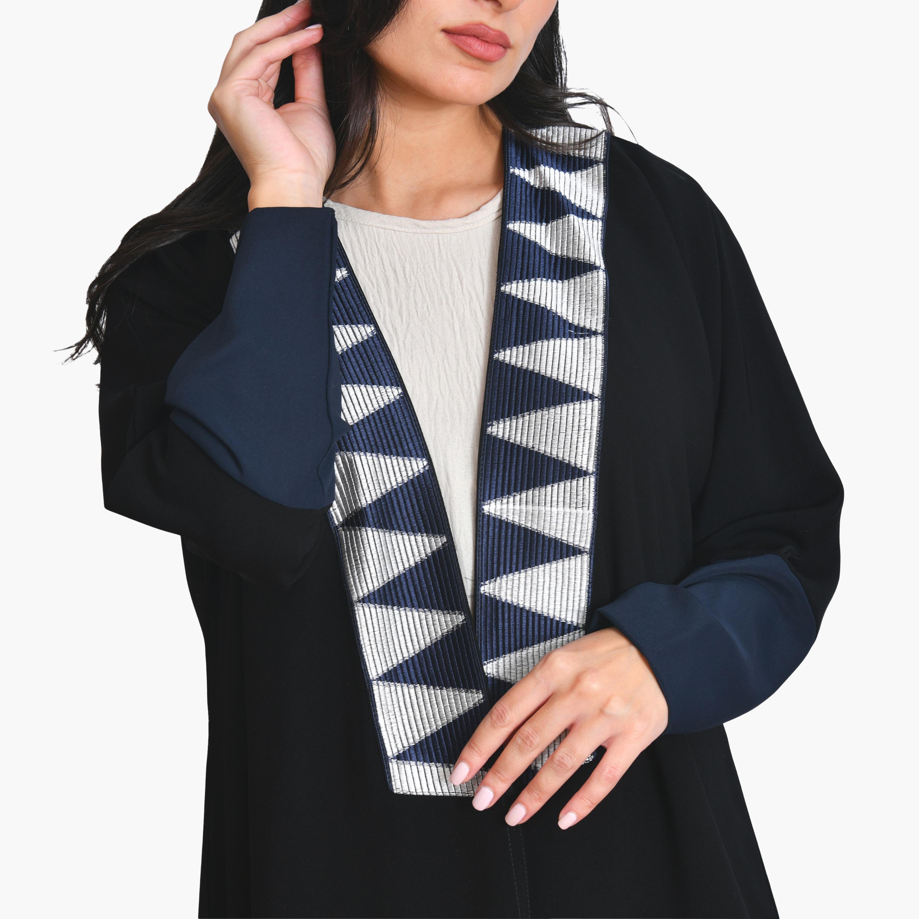 Oya Abaya Geometric Embroidered Dual Tone Sleeves Linen Women's Evening Quarter Cut Abaya with Hijab-women-arabicclothing-abayas-image-4