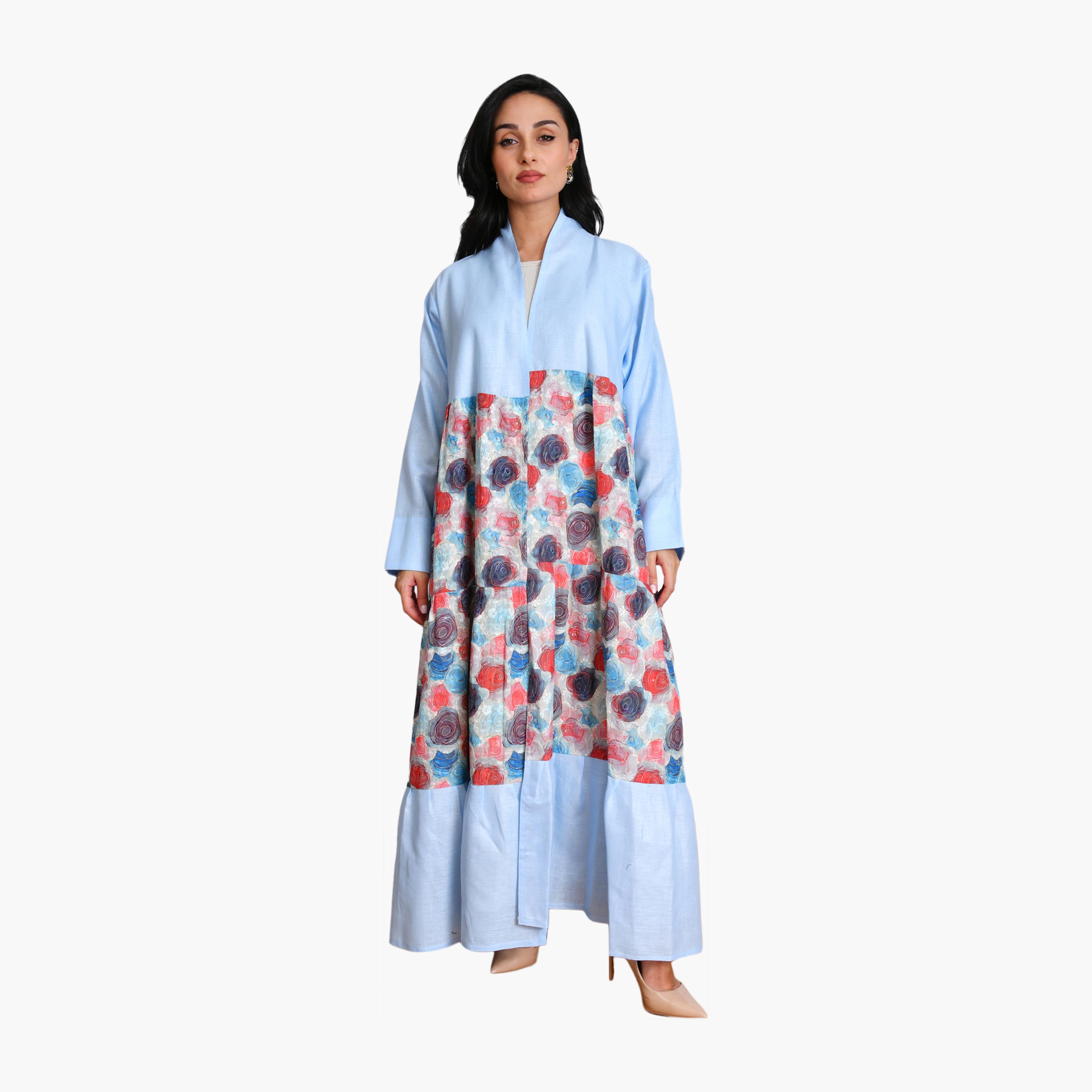 Oya Abaya Blue Floral Print & Color-Blocked Linen Women's Half-Cloche Abaya with Hijab-women-arabicclothing-abayas-image-1