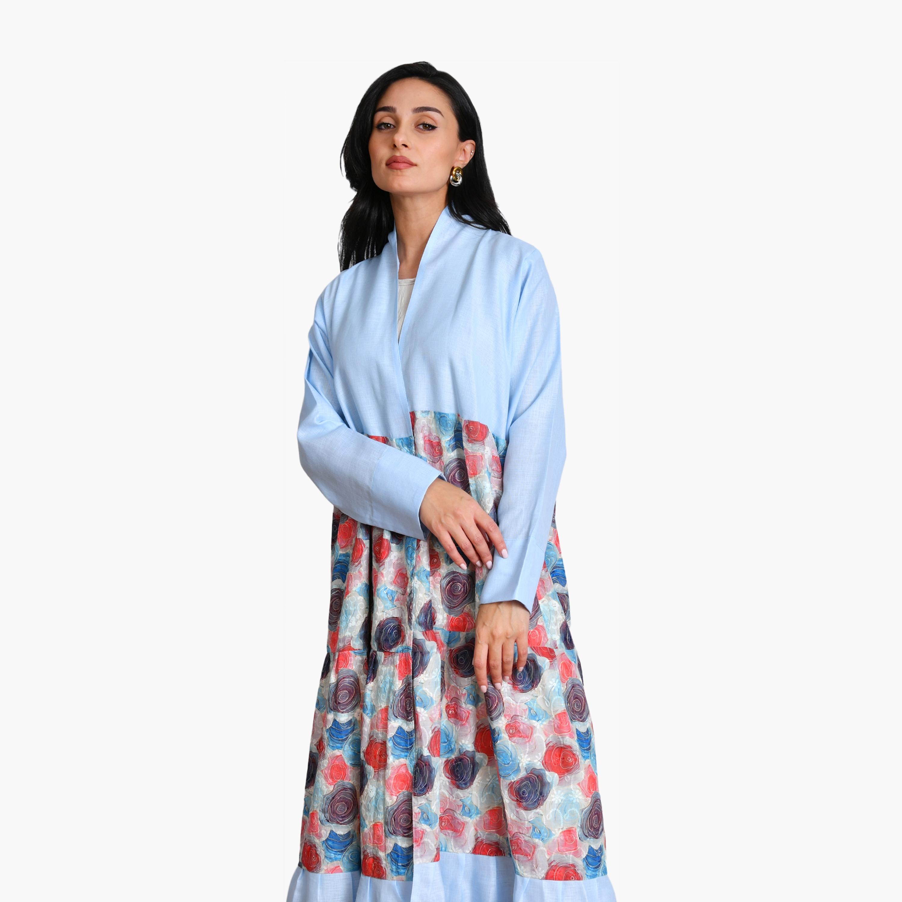 Oya Abaya Blue Floral Print & Color-Blocked Linen Women's Half-Cloche Abaya with Hijab-women-arabicclothing-abayas-image-2