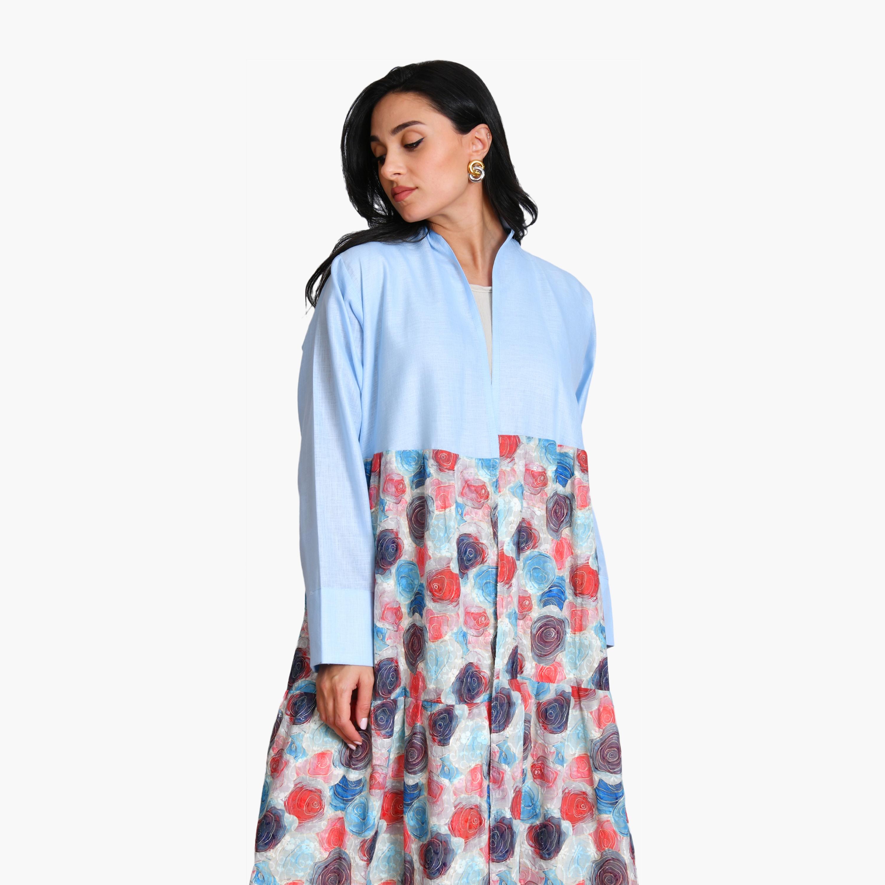 Oya Abaya Blue Floral Print & Color-Blocked Linen Women's Half-Cloche Abaya with Hijab-women-arabicclothing-abayas-image-3