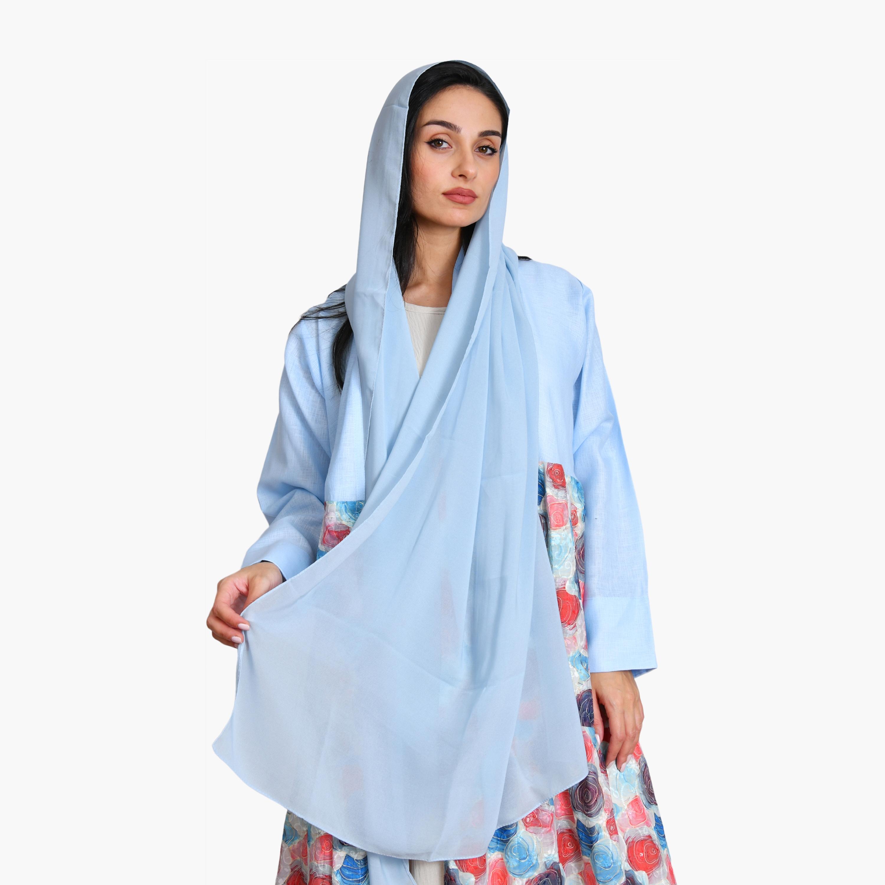 Oya Abaya Blue Floral Print & Color-Blocked Linen Women's Half-Cloche Abaya with Hijab-women-arabicclothing-abayas-image-4