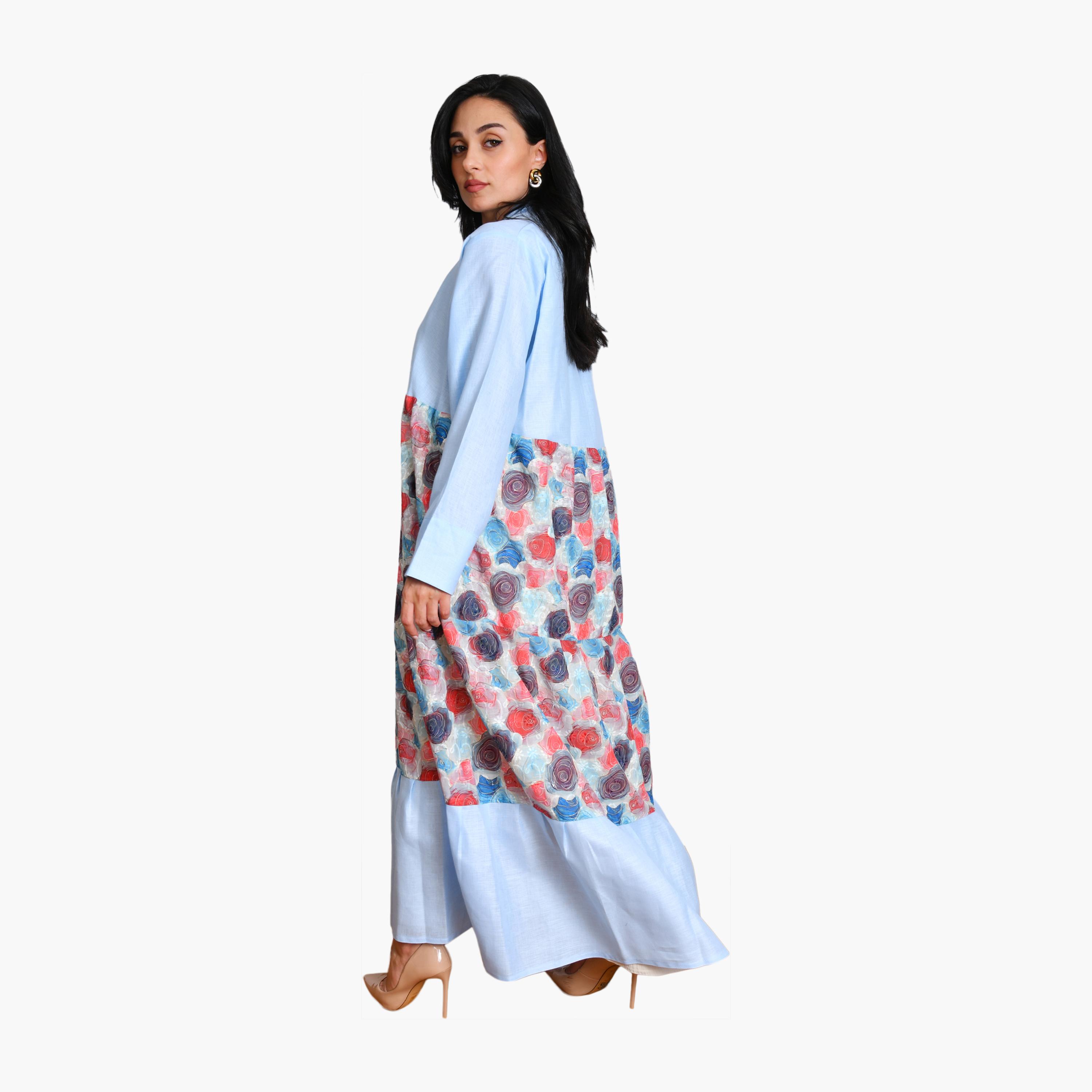 Oya Abaya Blue Floral Print & Color-Blocked Linen Women's Half-Cloche Abaya with Hijab-women-arabicclothing-abayas-image-5
