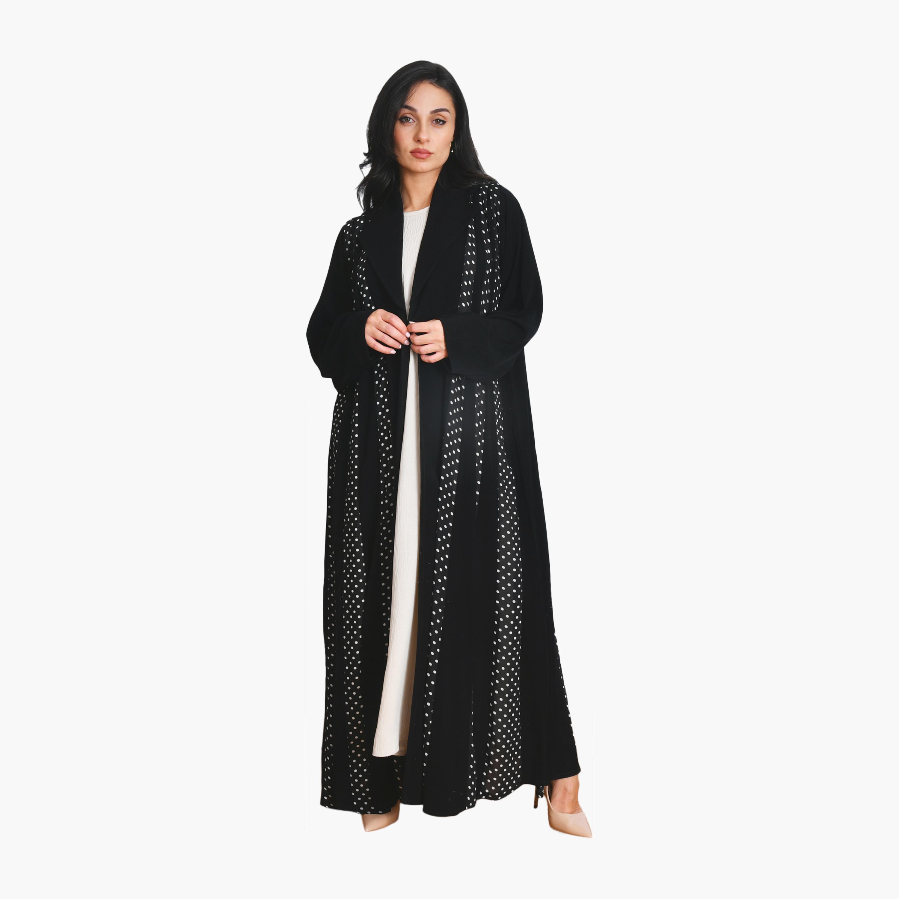 Oya Abaya Black Polka Dot Panelled Lapel Collar Chiffon Women's Flowing Cut Abaya with Hijab-women-arabicclothing-abayas-image-1