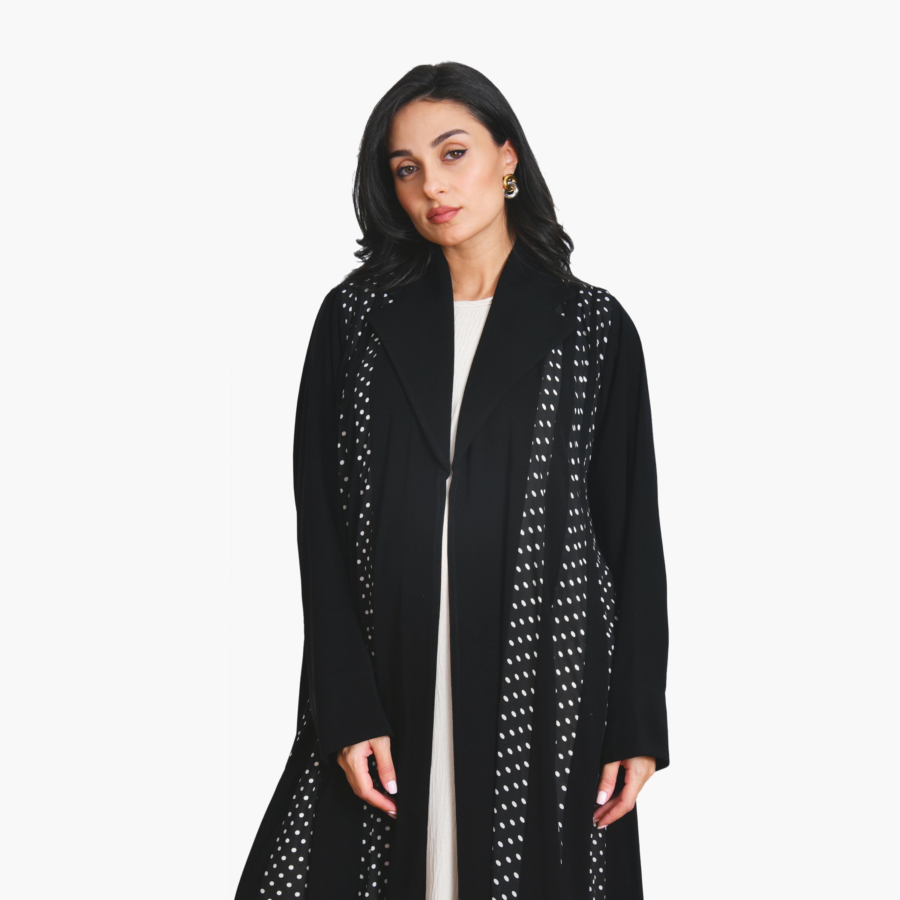 Oya Abaya Black Polka Dot Panelled Lapel Collar Chiffon Women's Flowing Cut Abaya with Hijab-women-arabicclothing-abayas-image-2