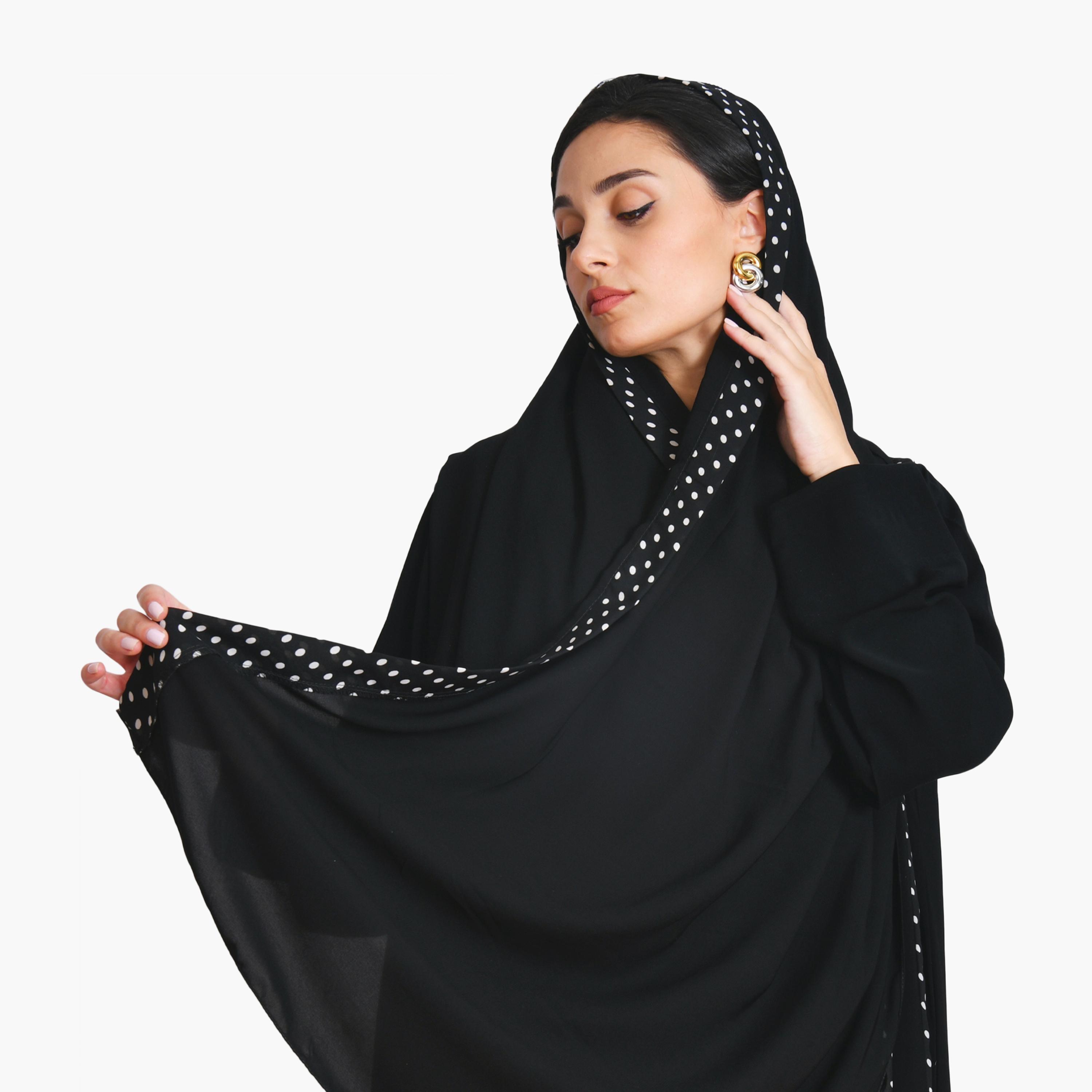 Oya Abaya Black Polka Dot Panelled Lapel Collar Chiffon Women's Flowing Cut Abaya with Hijab-women-arabicclothing-abayas-image-3