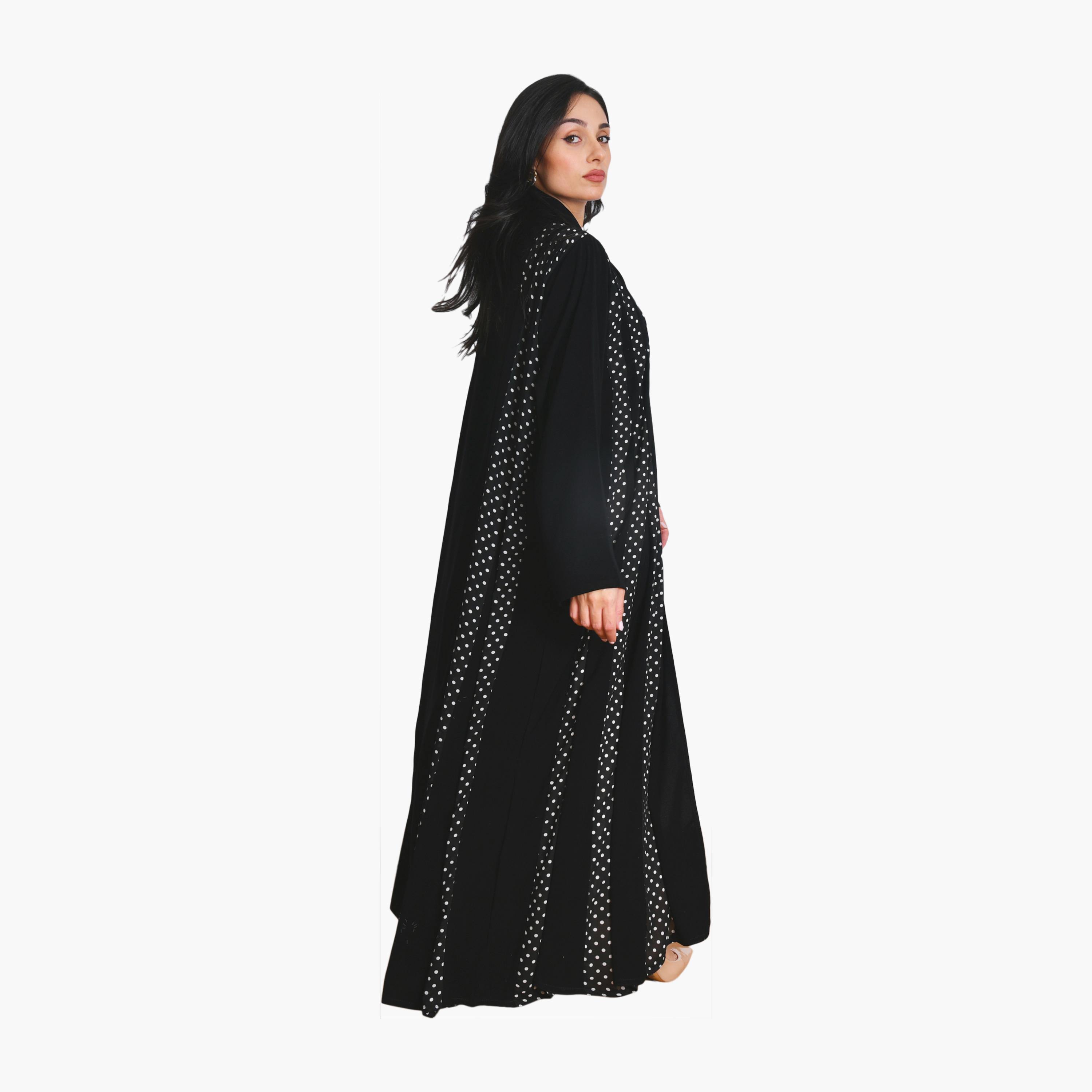 Oya Abaya Black Polka Dot Panelled Lapel Collar Chiffon Women's Flowing Cut Abaya with Hijab-women-arabicclothing-abayas-image-4