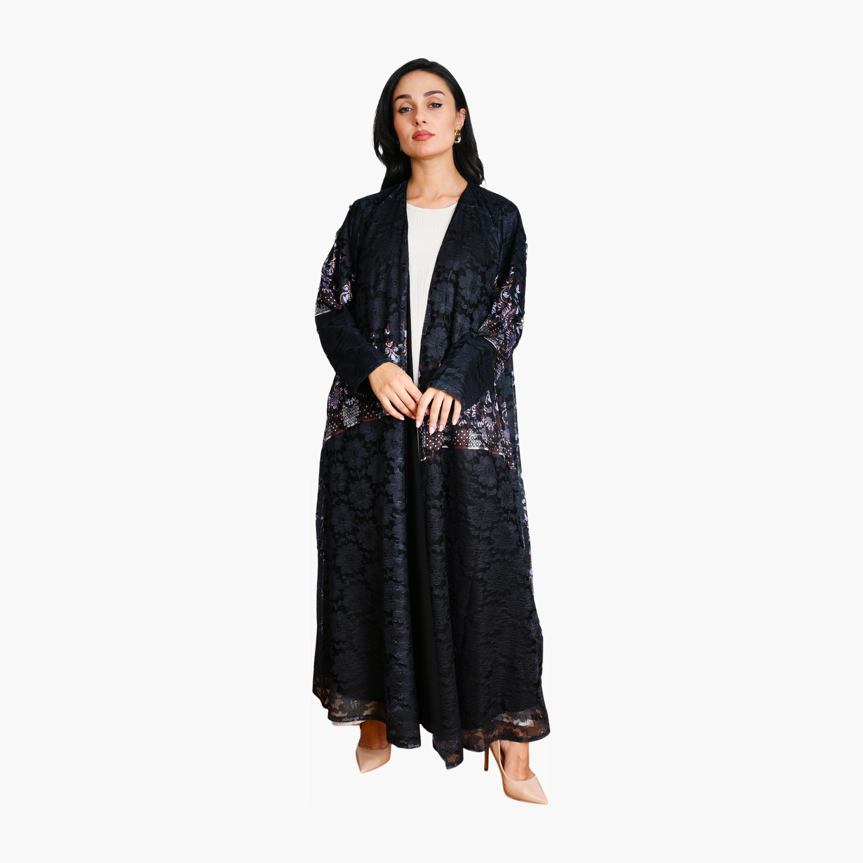 Oya Abaya Floral Lace & Ethnic Motifs Linen Women's Evening Flowing Cut Abaya-women-arabicclothing-abayas-image-1