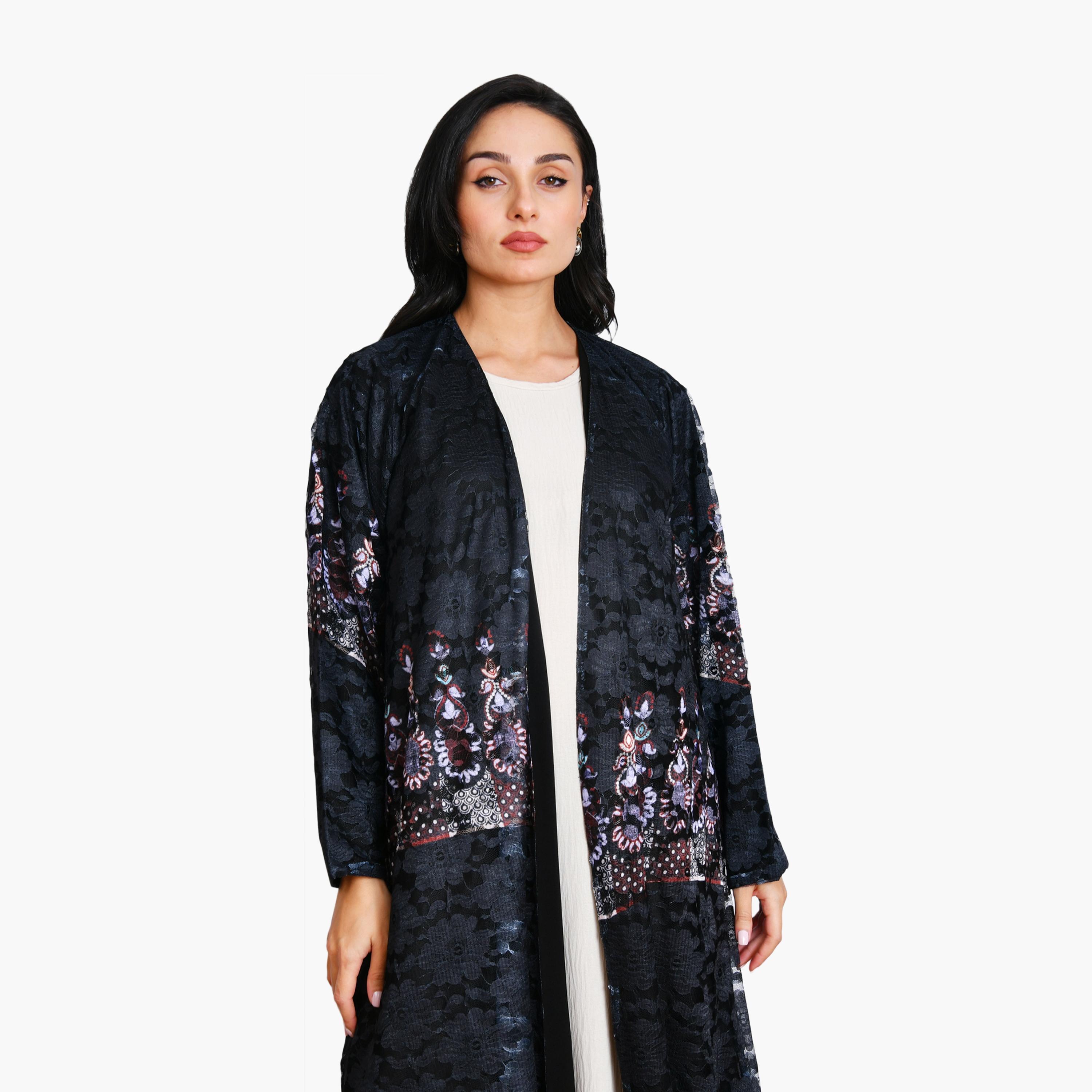 Oya Abaya Floral Lace & Ethnic Motifs Linen Women's Evening Flowing Cut Abaya-women-arabicclothing-abayas-image-2