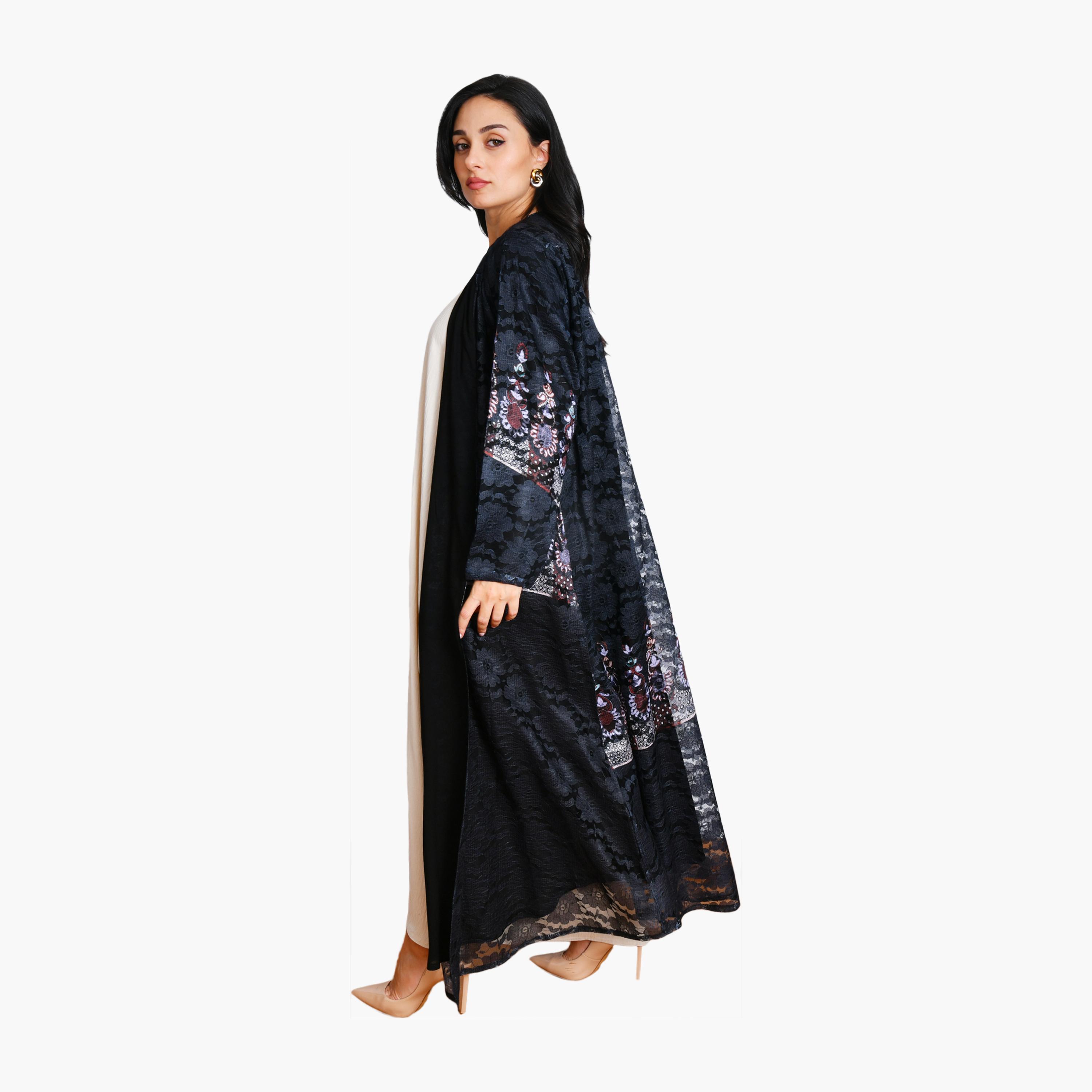 Oya Abaya Floral Lace & Ethnic Motifs Linen Women's Evening Flowing Cut Abaya-women-arabicclothing-abayas-image-3