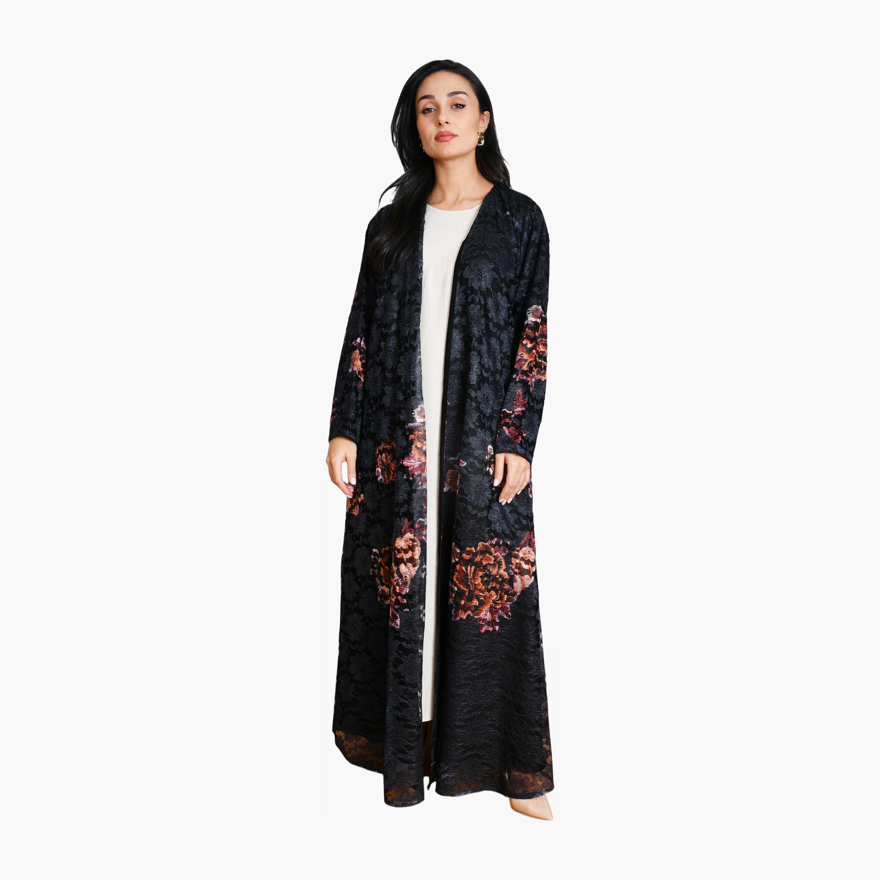 Oya Abaya Floral Lace & Print Linen Women's Evening Flowing Cut Abaya with Hijab-women-arabicclothing-abayas-image-1