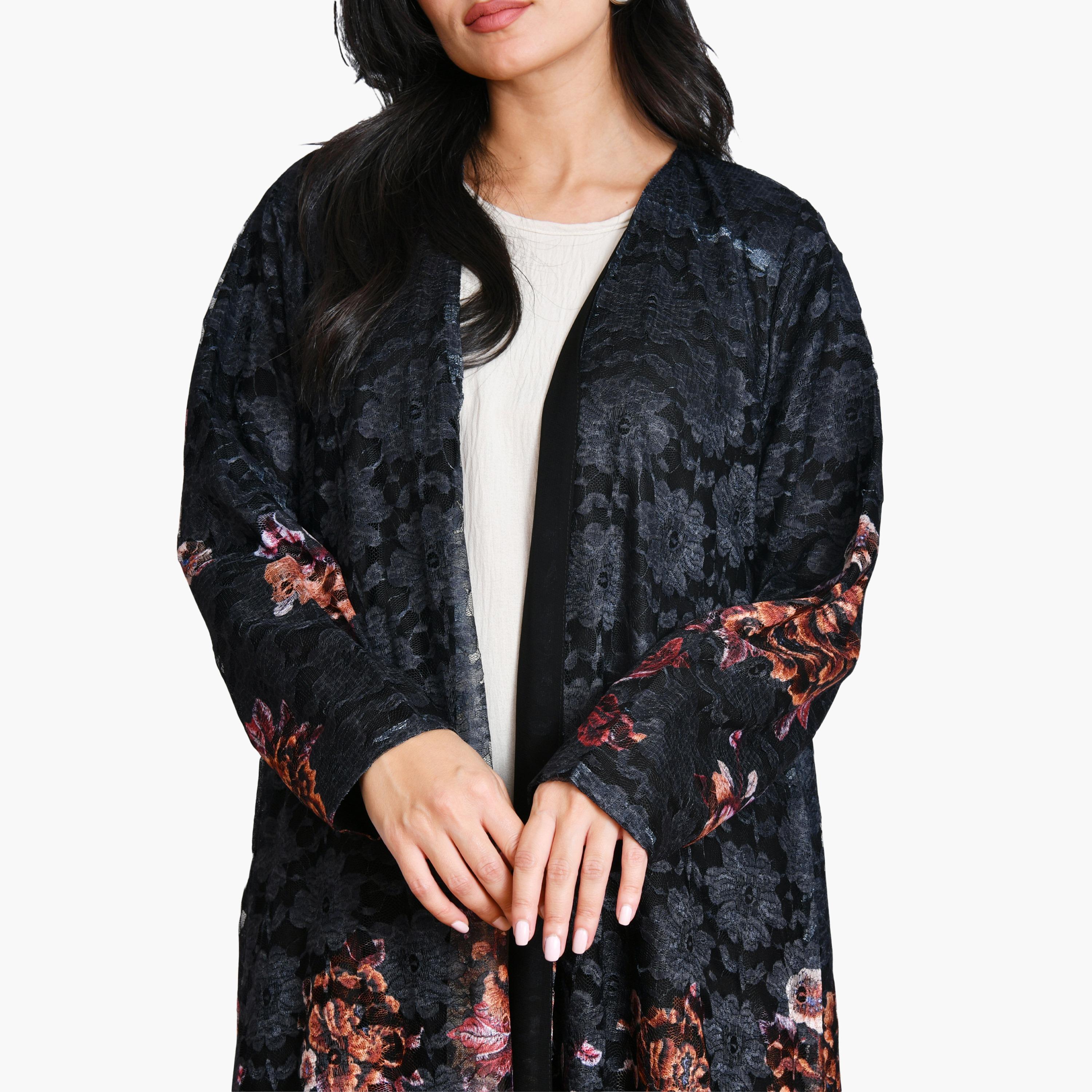 Oya Abaya Floral Lace & Print Linen Women's Evening Flowing Cut Abaya with Hijab-women-arabicclothing-abayas-image-2