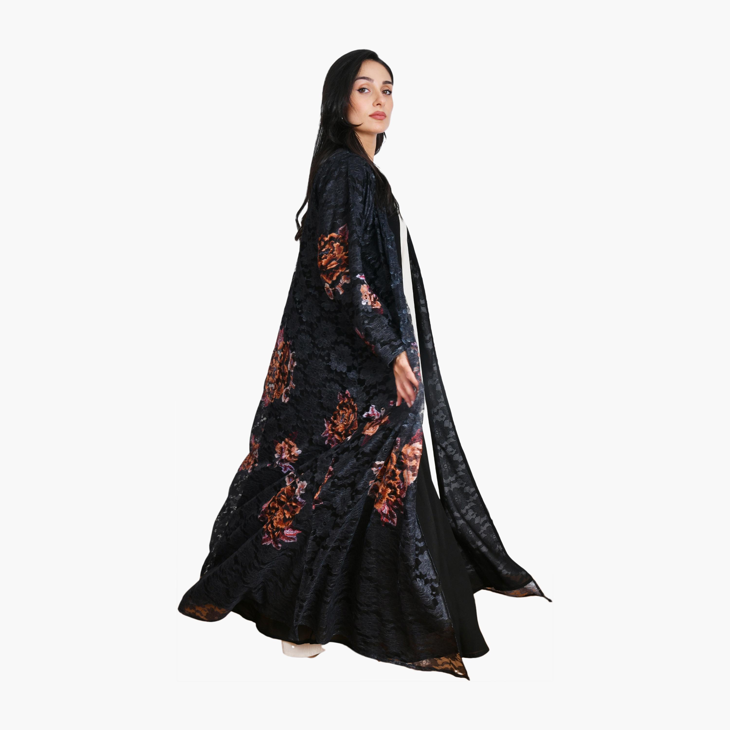 Oya Abaya Floral Lace & Print Linen Women's Evening Flowing Cut Abaya with Hijab-women-arabicclothing-abayas-image-4