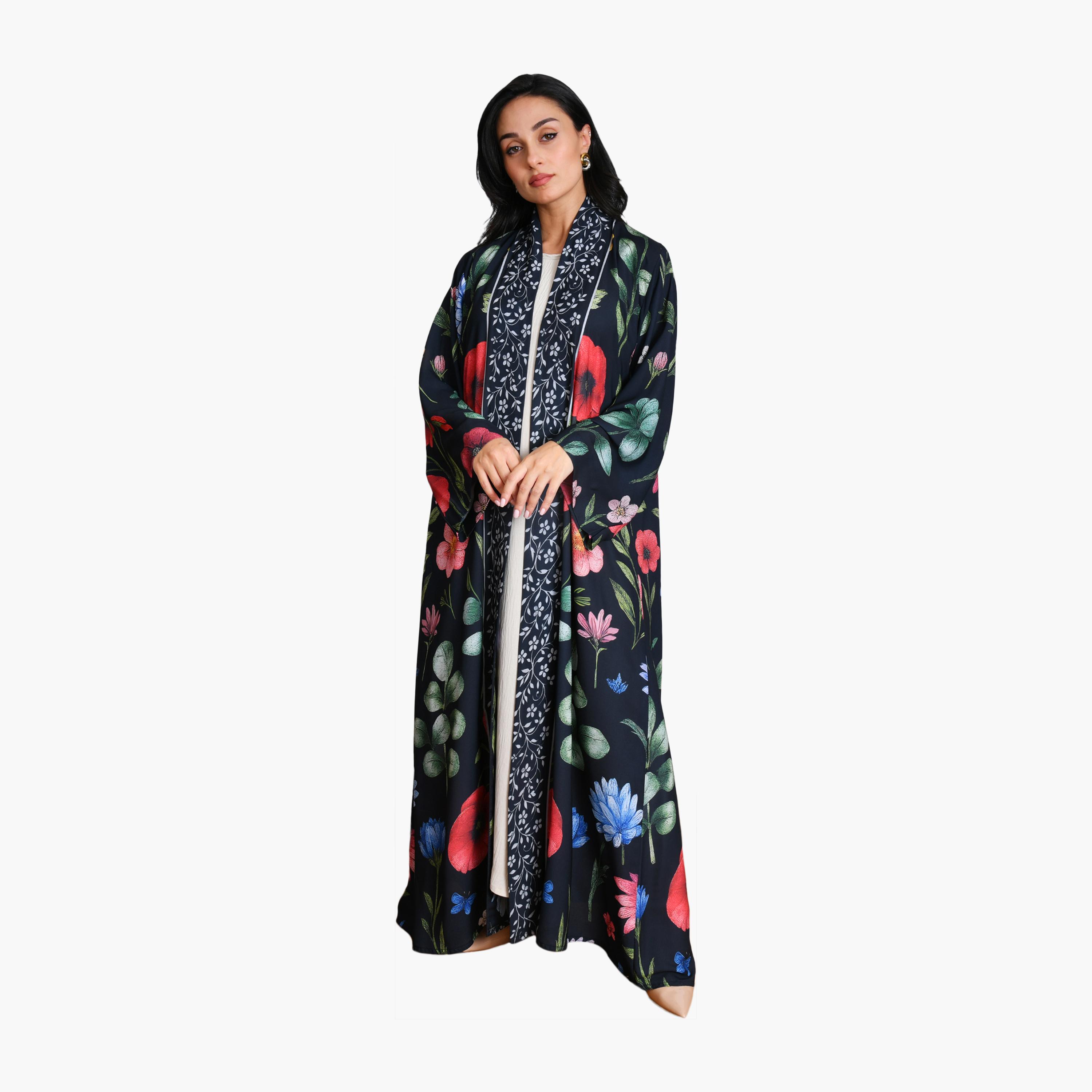 عباية سوداء بطبعة زهور وأكمام واسعة من الشيفون للنساء مع حجاب من أويا عباية-women-arabicclothing-abayas-image-1