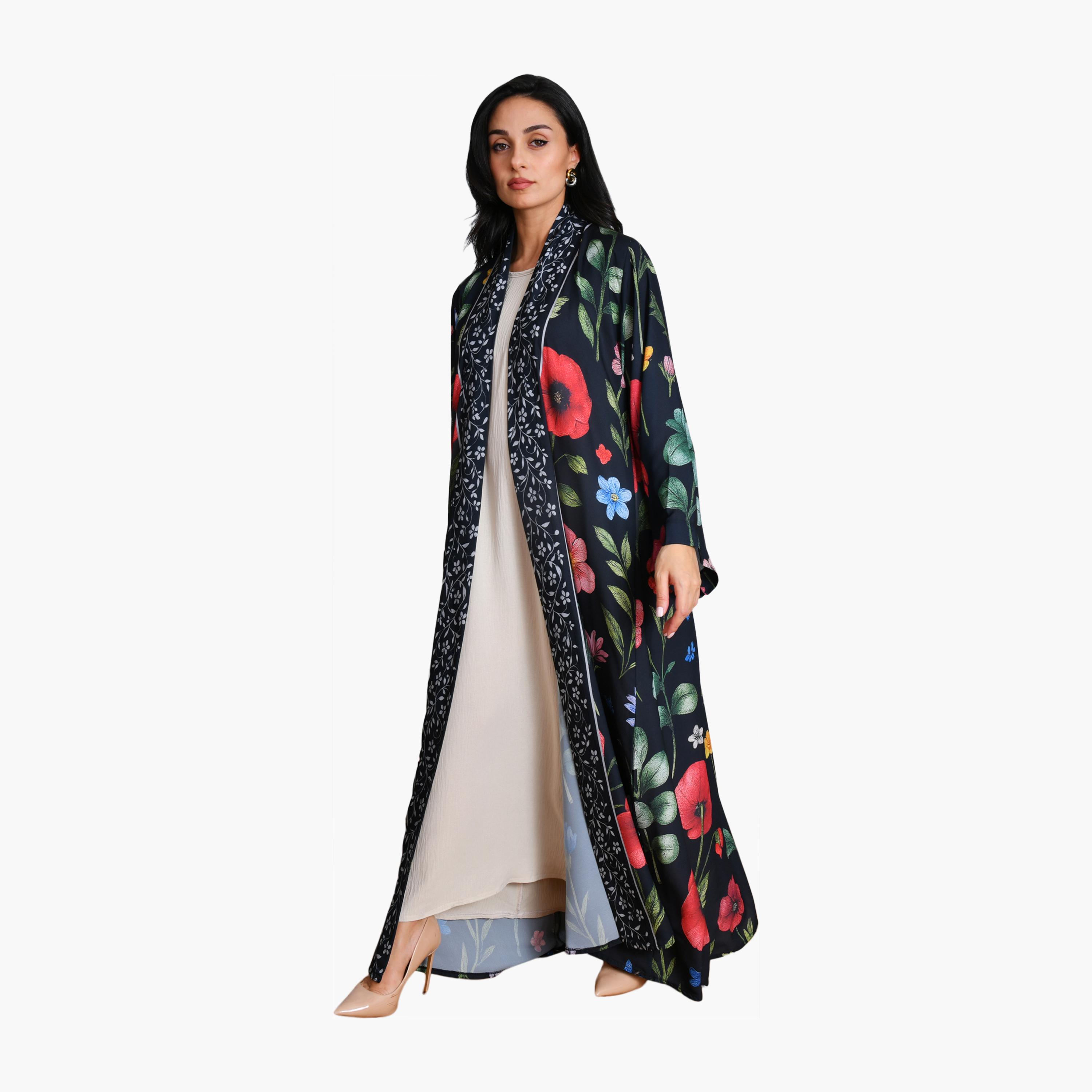 عباية سوداء بطبعة زهور وأكمام واسعة من الشيفون للنساء مع حجاب من أويا عباية-women-arabicclothing-abayas-image-4